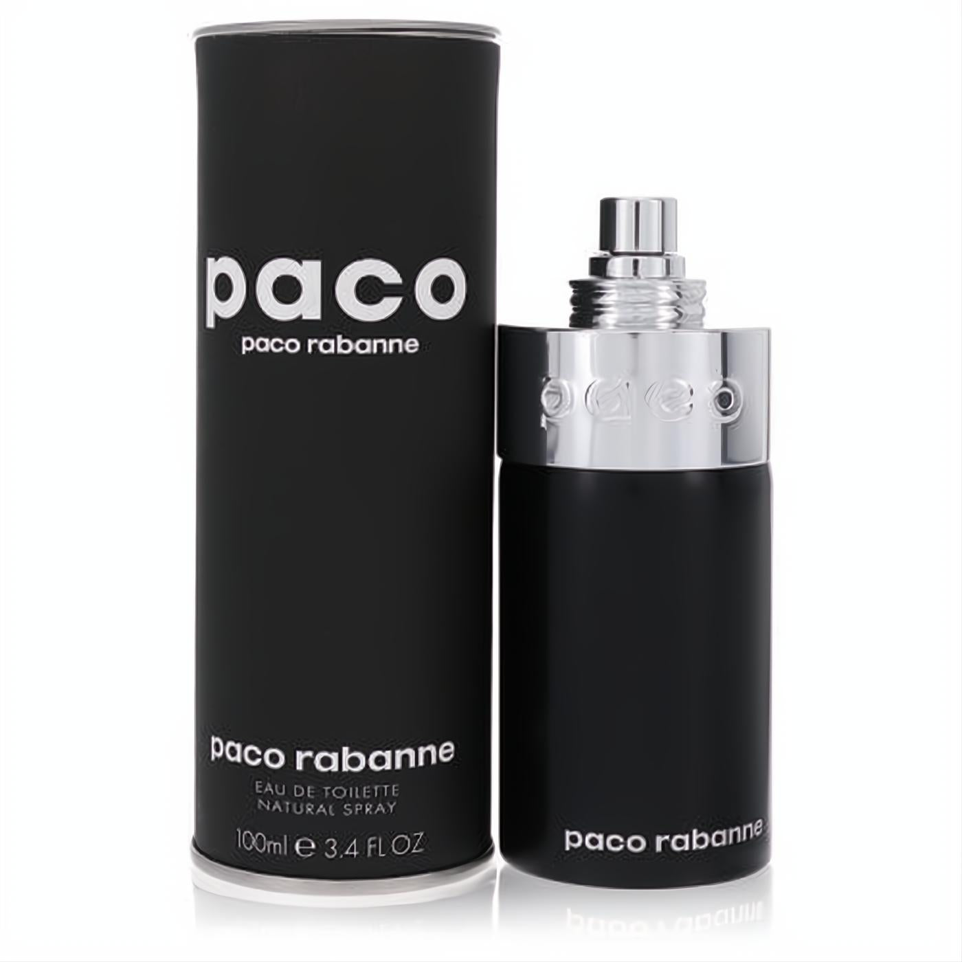 Paco Rabanne Paco Unisex Eau De Toilette 3.4 oz. Sleek matte black bottle, silver sprayer, and matching cylindrical box.