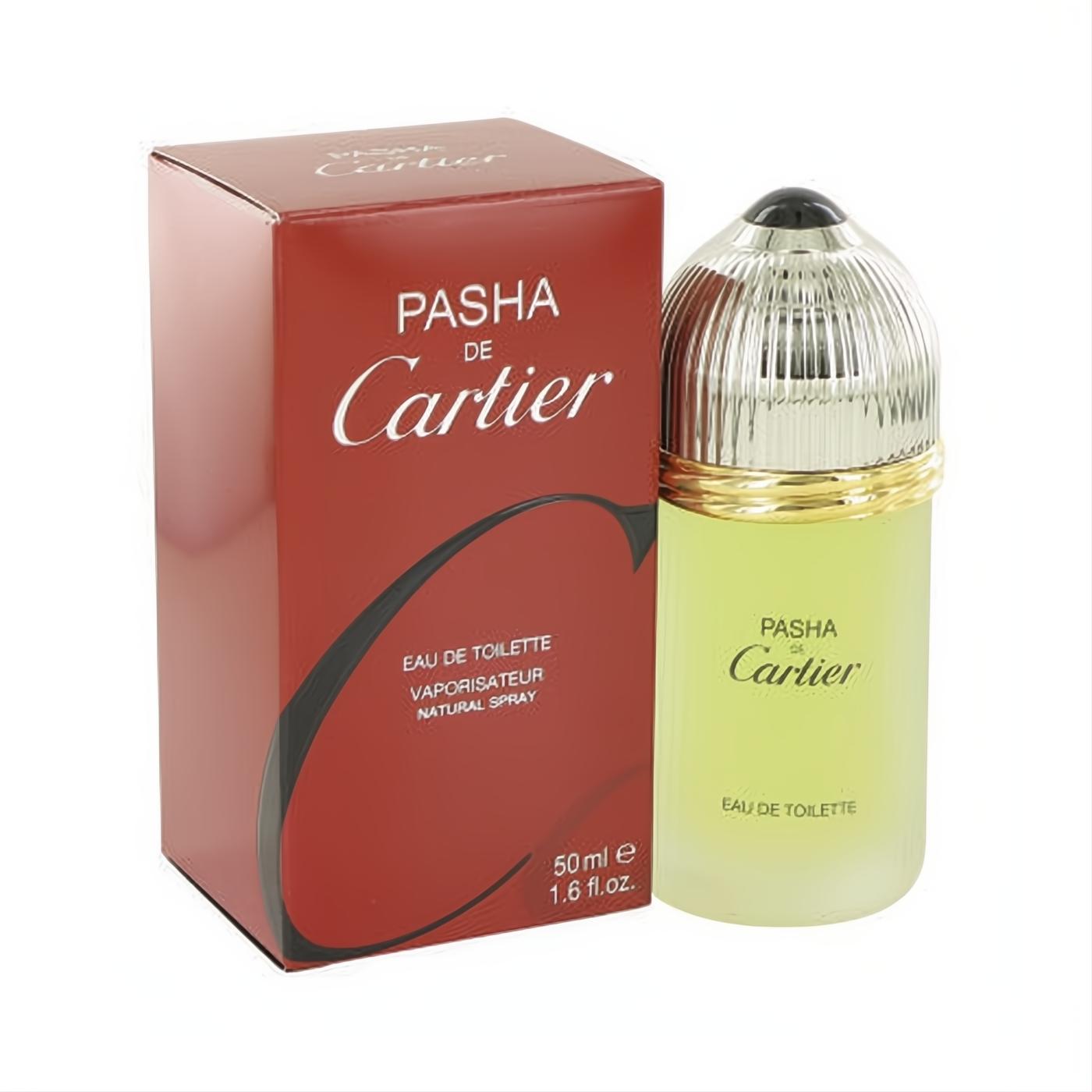 Pasha de Cartier 1.6 oz EDT spray. Frosted green glass bottle with gold band, ribbed silver cap, and bold red box.