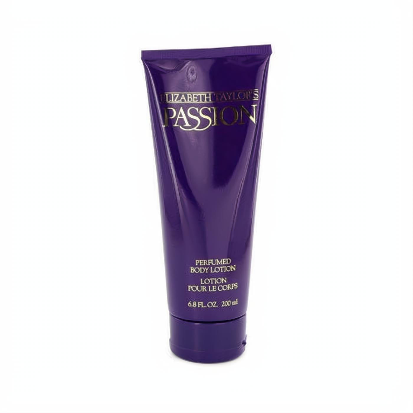 Elizabeth Taylor's Passion 6.8 oz perfumed body lotion. Rich deep purple squeeze tube with elegant gold lettering.