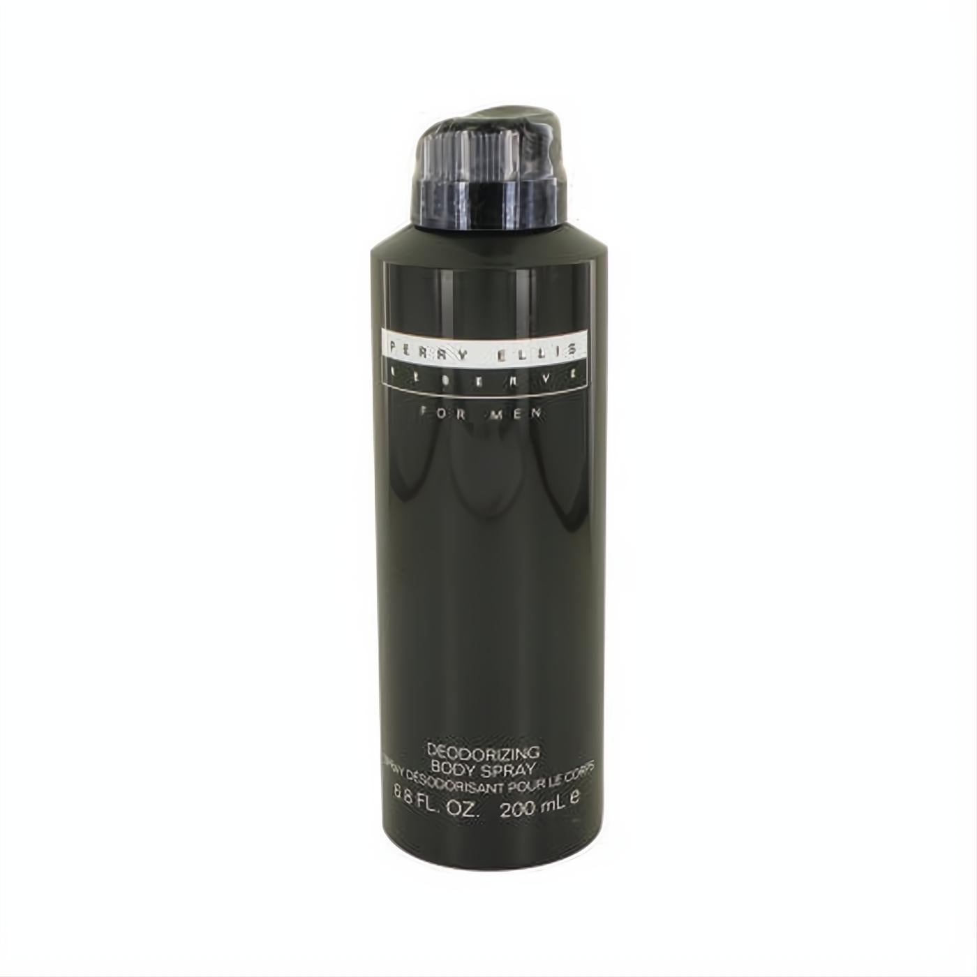Experience Perry Ellis Reserve for Men 6.8 oz deodorizing body spray. Sleek matte black can, modern clear cap.