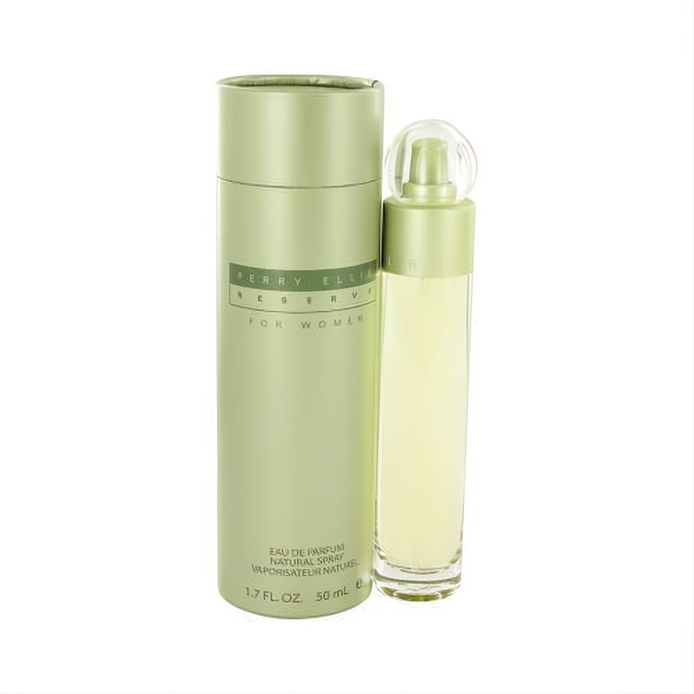 Perry Ellis Reserve for Women 1.7 oz Eau De Parfum. Features a sleek sage green cylindrical box and clear glass bottle with a matching green sprayer.