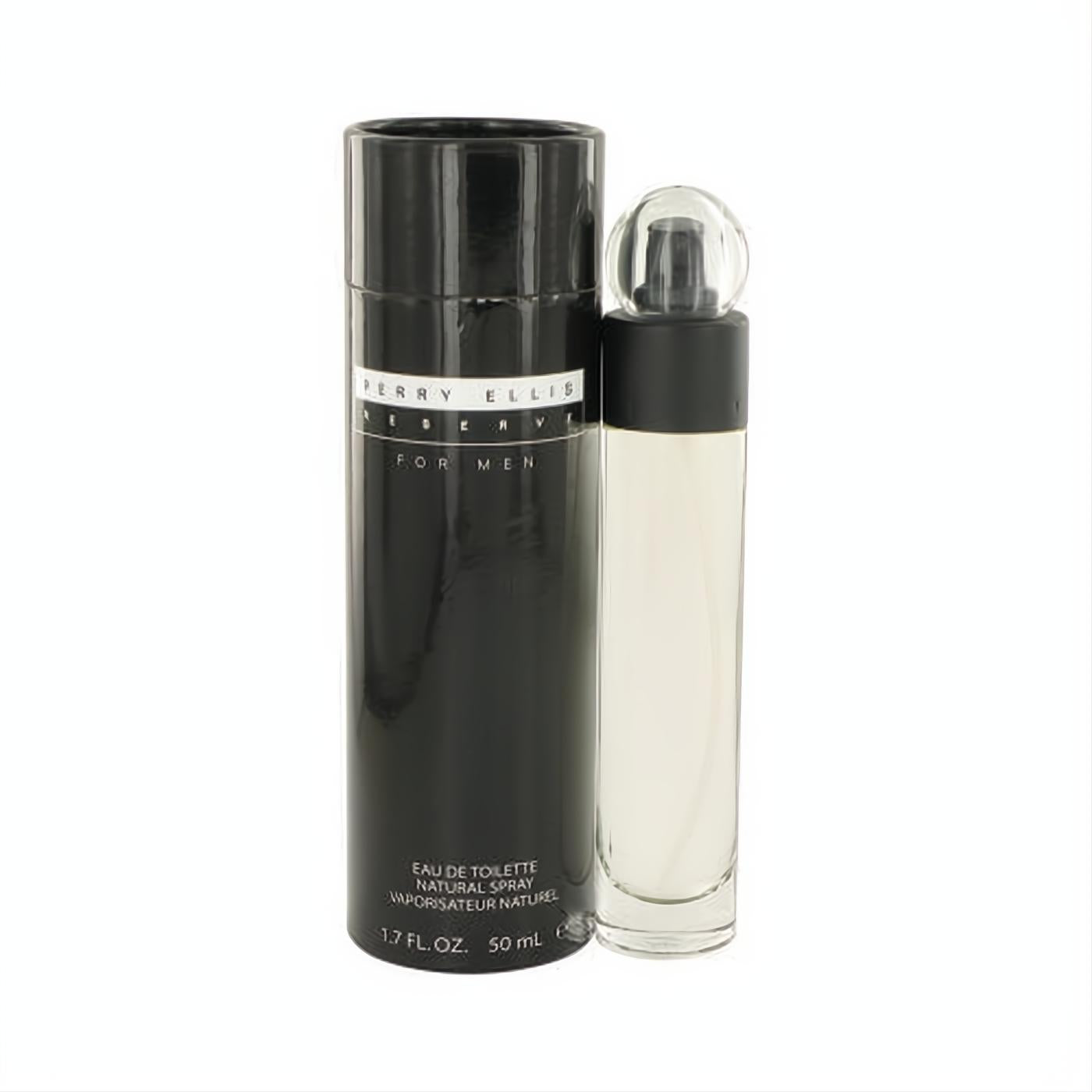 Perry Ellis Reserve 1.7 oz men's cologne. Elegant clear glass bottle with black cap, presented with its sleek black cylindrical box.