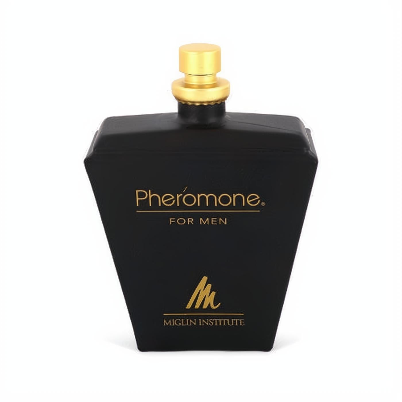 Sophisticated Pheromone for Men cologne in a sleek matte black bottle with striking gold branding and cap.