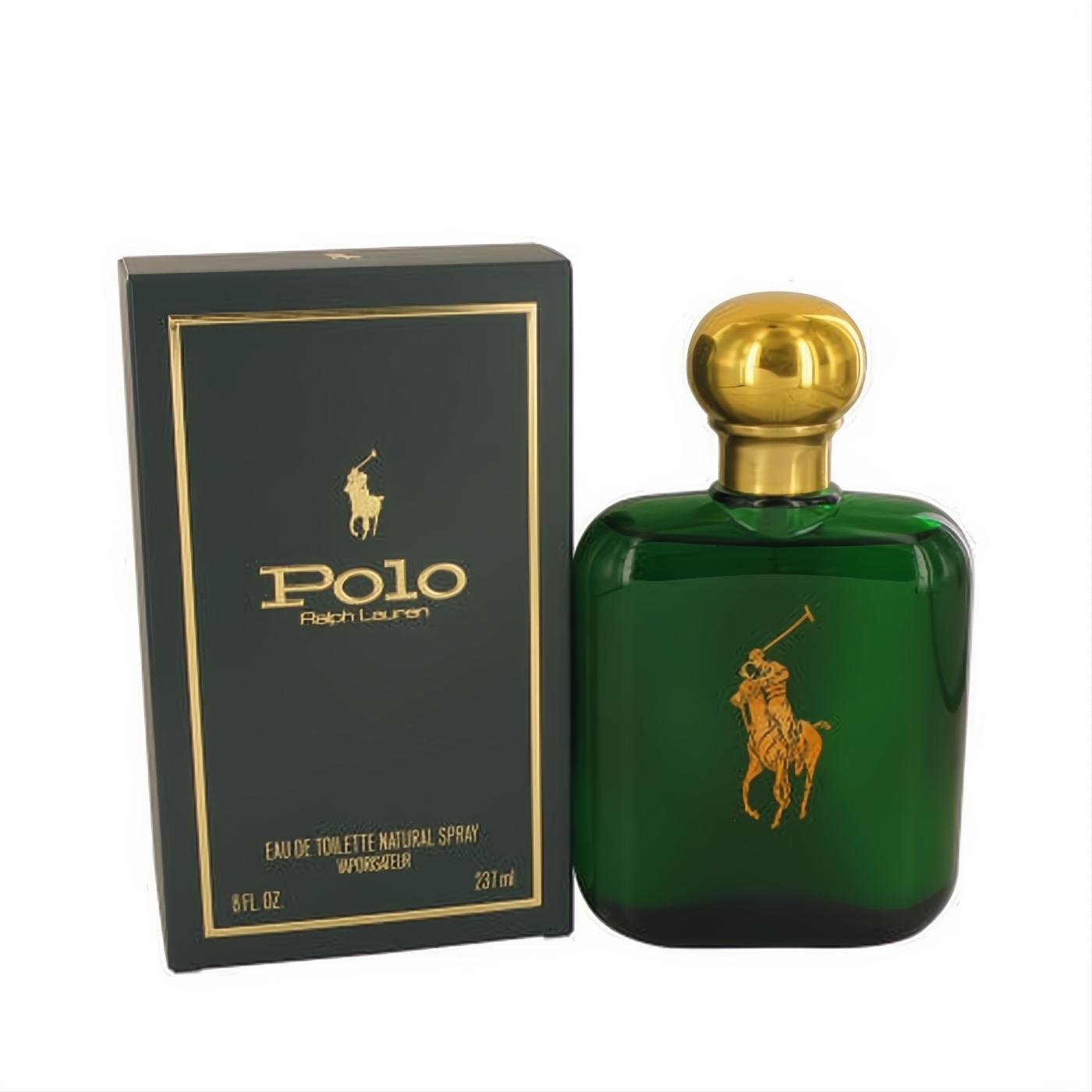 Classic Polo Ralph Lauren 8 oz men's fragrance in its signature green bottle with a striking gold cap and matching box.