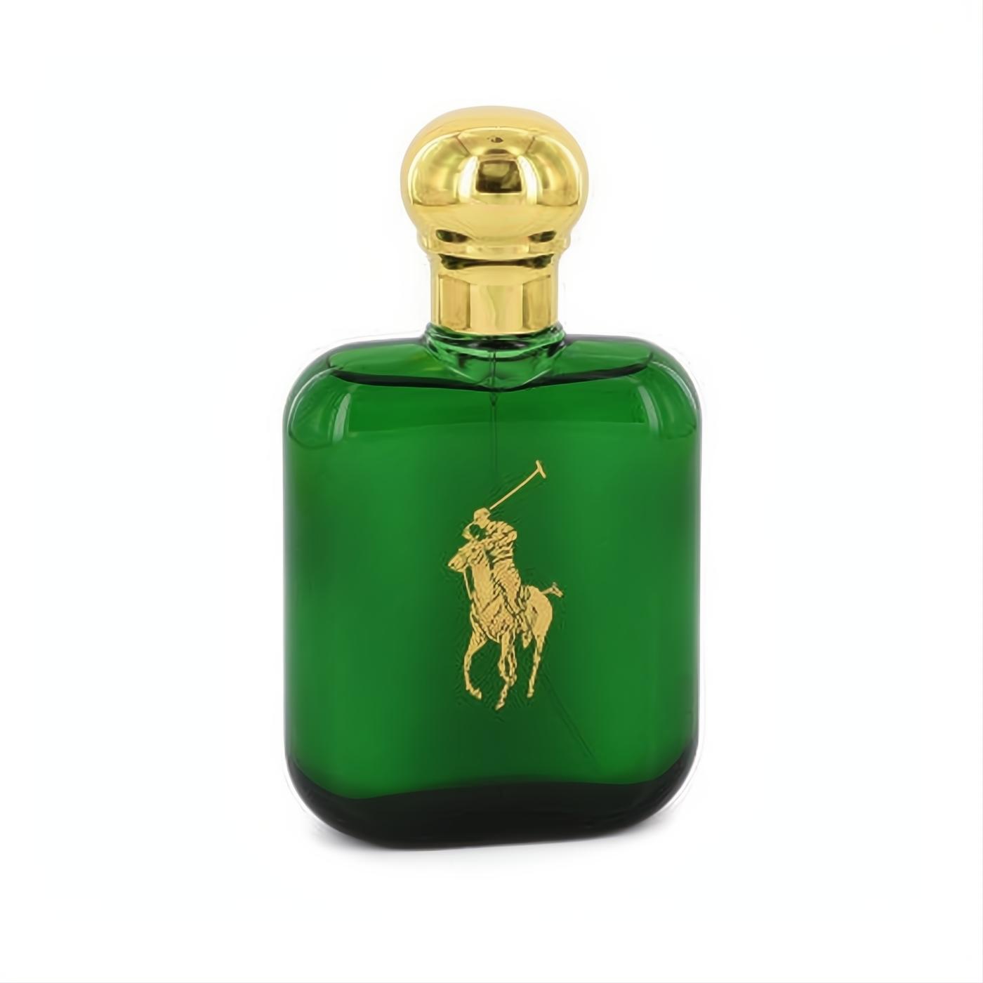 Iconic Ralph Lauren Polo cologne in a sleek green glass bottle with a gleaming gold cap and signature logo.