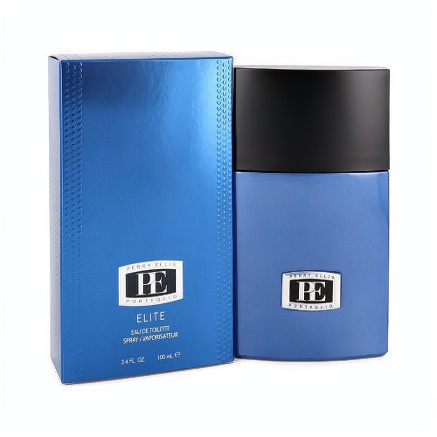 Dynamic Perry Ellis Portfolio Elite 3.4 oz EDT spray. Sleek blue bottle with black cap and silver logo, beside its matching textured box.