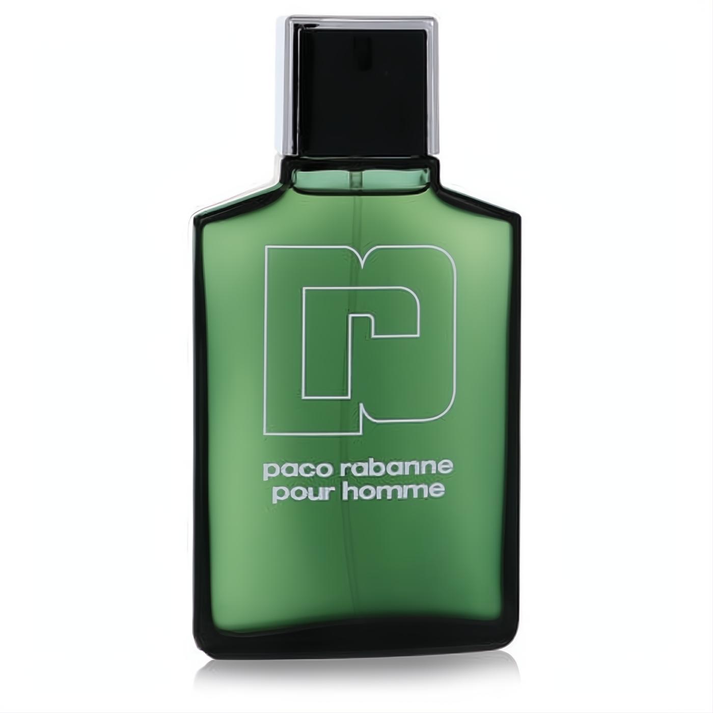 Paco Rabanne Pour Homme men's EDT spray. Bold green 3.4 oz bottle with iconic white logo and sleek black cap.