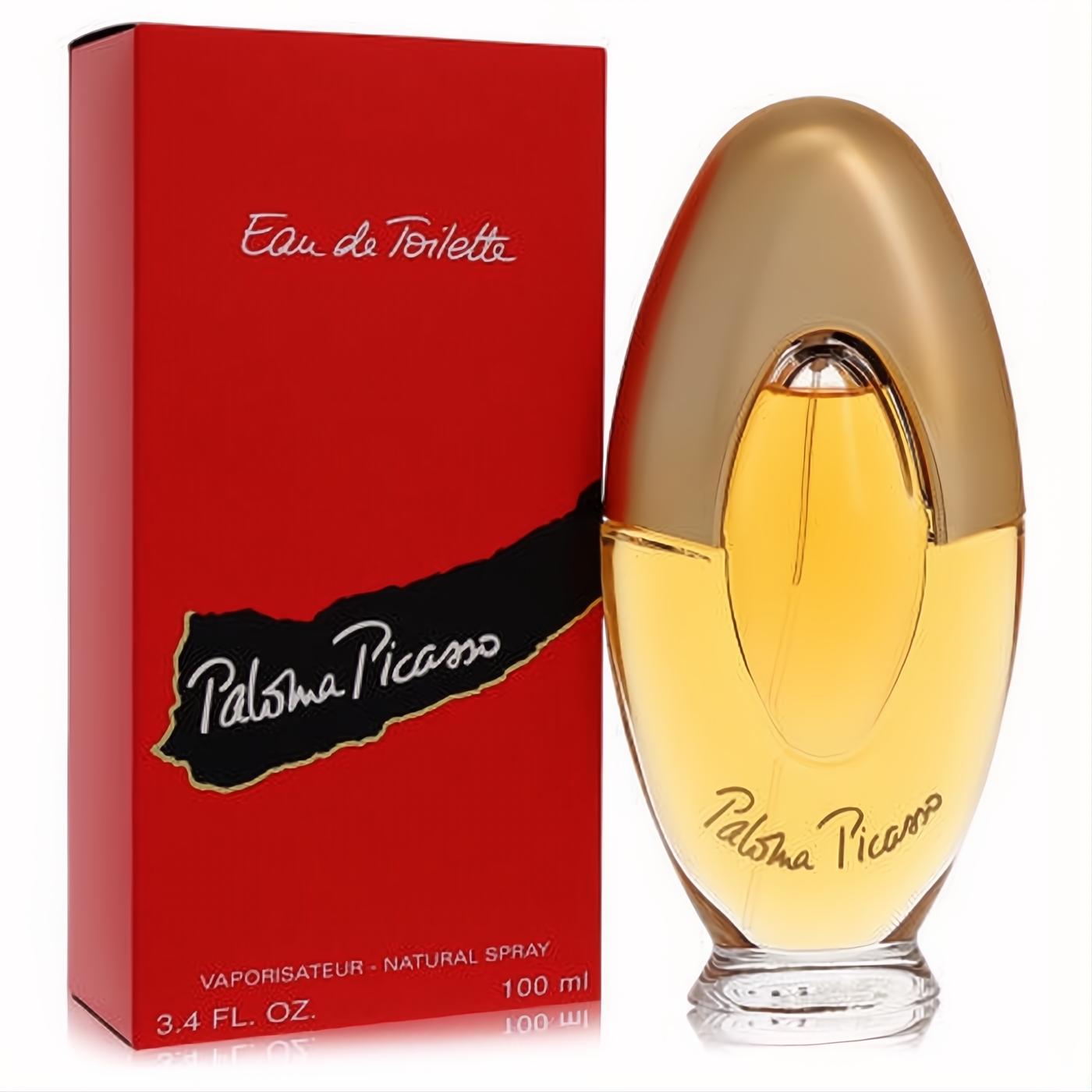 Paloma Picasso 3.4 oz Eau de Toilette spray. Distinctive amber glass bottle with a smooth gold cap, beside its iconic red box.