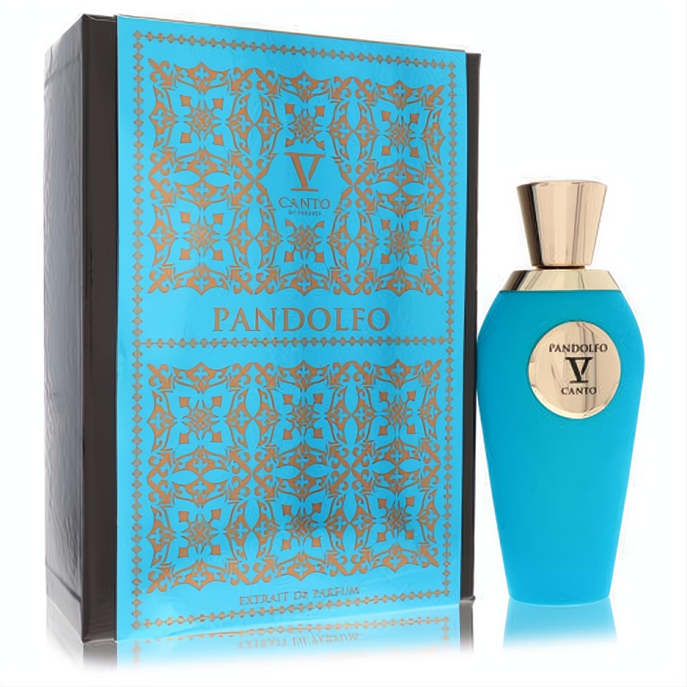 Luxurious Pandolfo V Canto Extrait de Parfum: a striking turquoise bottle with a gold cap and ornate matching box.