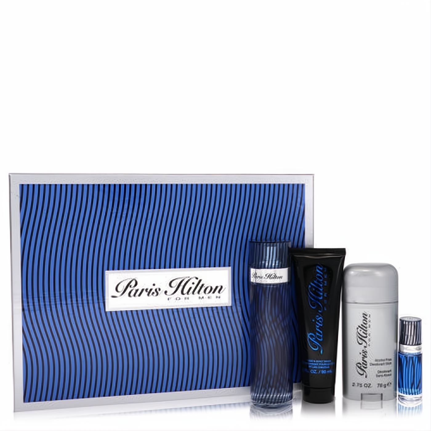 Paris Hilton for Men blue gift set with wavy box, EDT spray, body wash, deodorant stick, and mini fragrance.