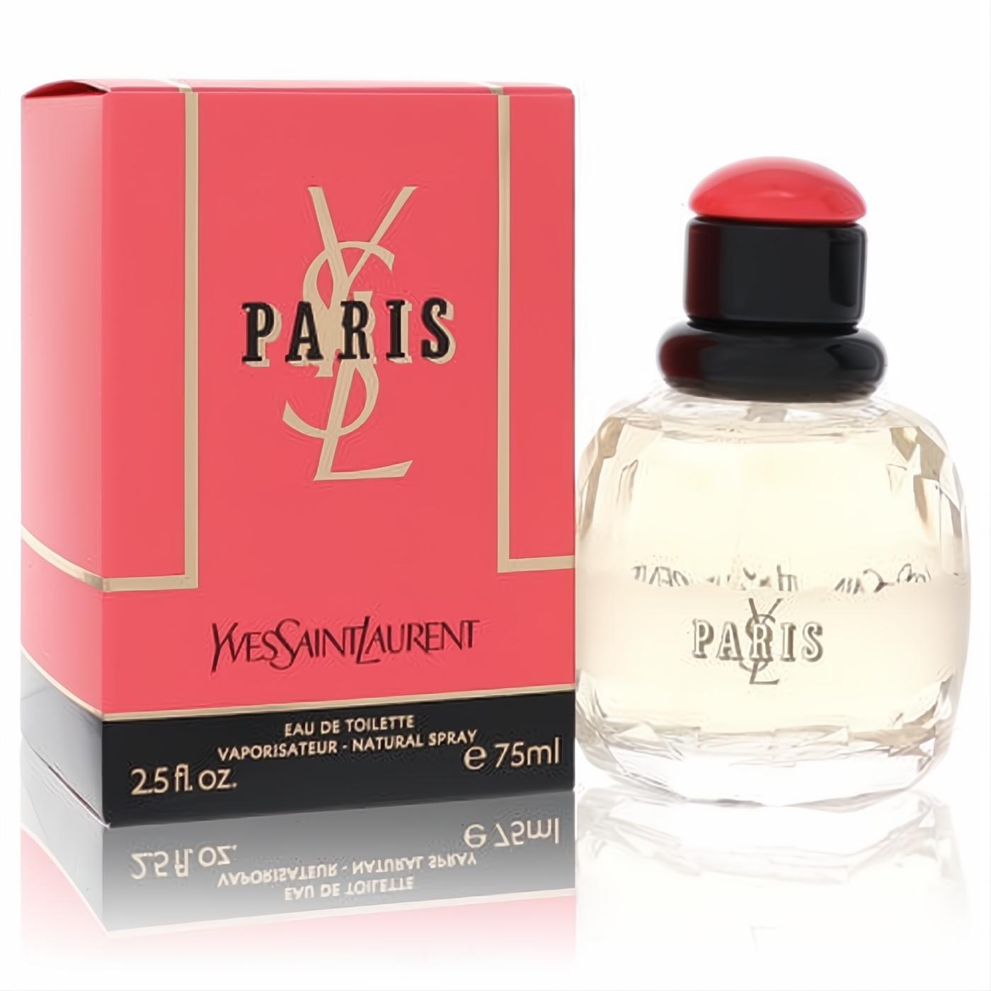 Yves Saint Laurent Paris 2.5 oz EDT spray. Clear faceted bottle with a bold red cap, next to its signature vibrant coral box.