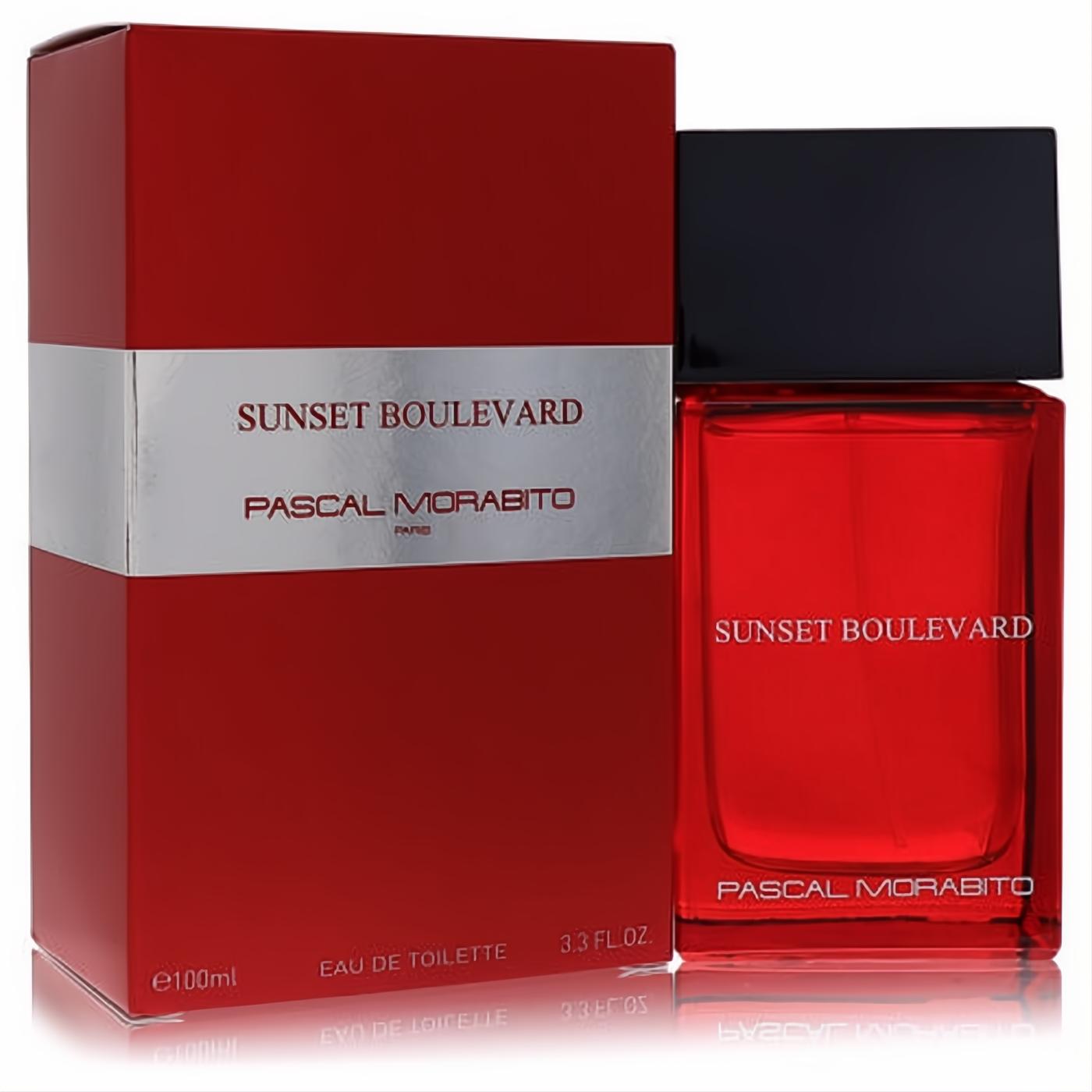 Vibrant red Pascal Morabito Sunset Boulevard Eau De Toilette 3.3 oz spray bottle with a sleek black cap and elegant matching packaging.