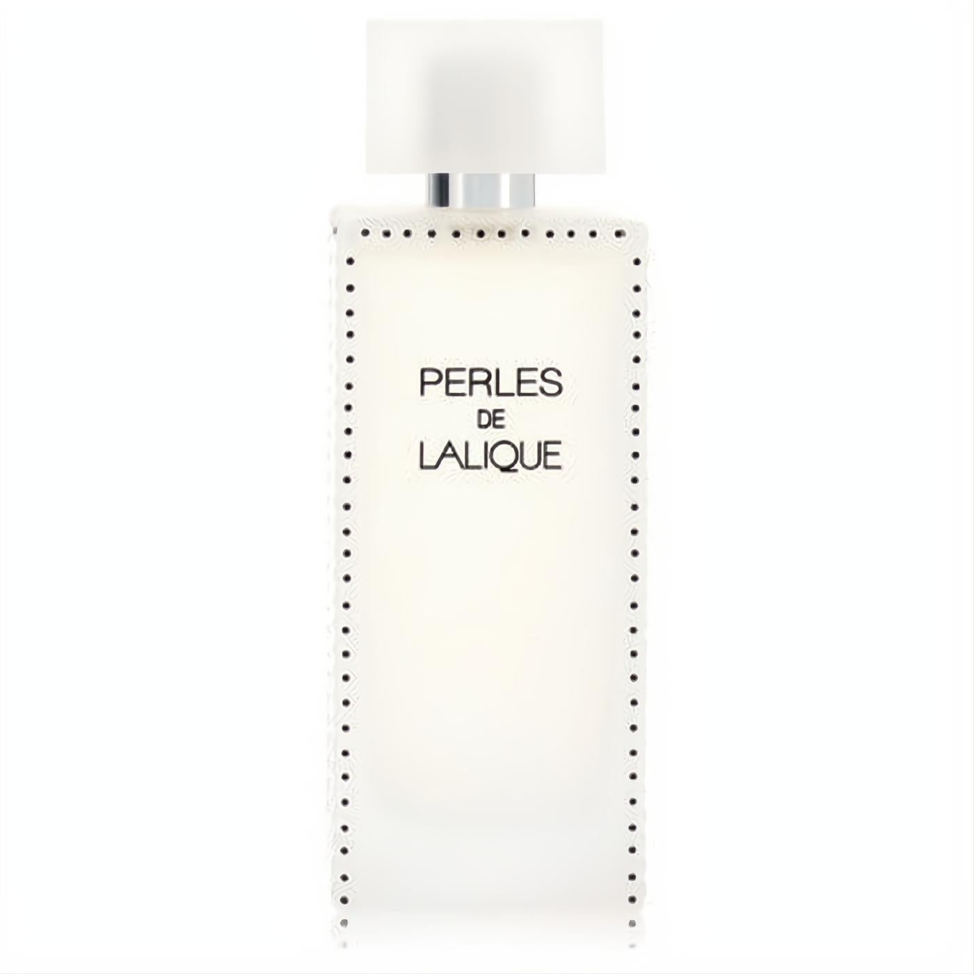 Elegant Perles De Lalique 3.4 oz women's perfume in a frosted glass bottle with chic dotted design.