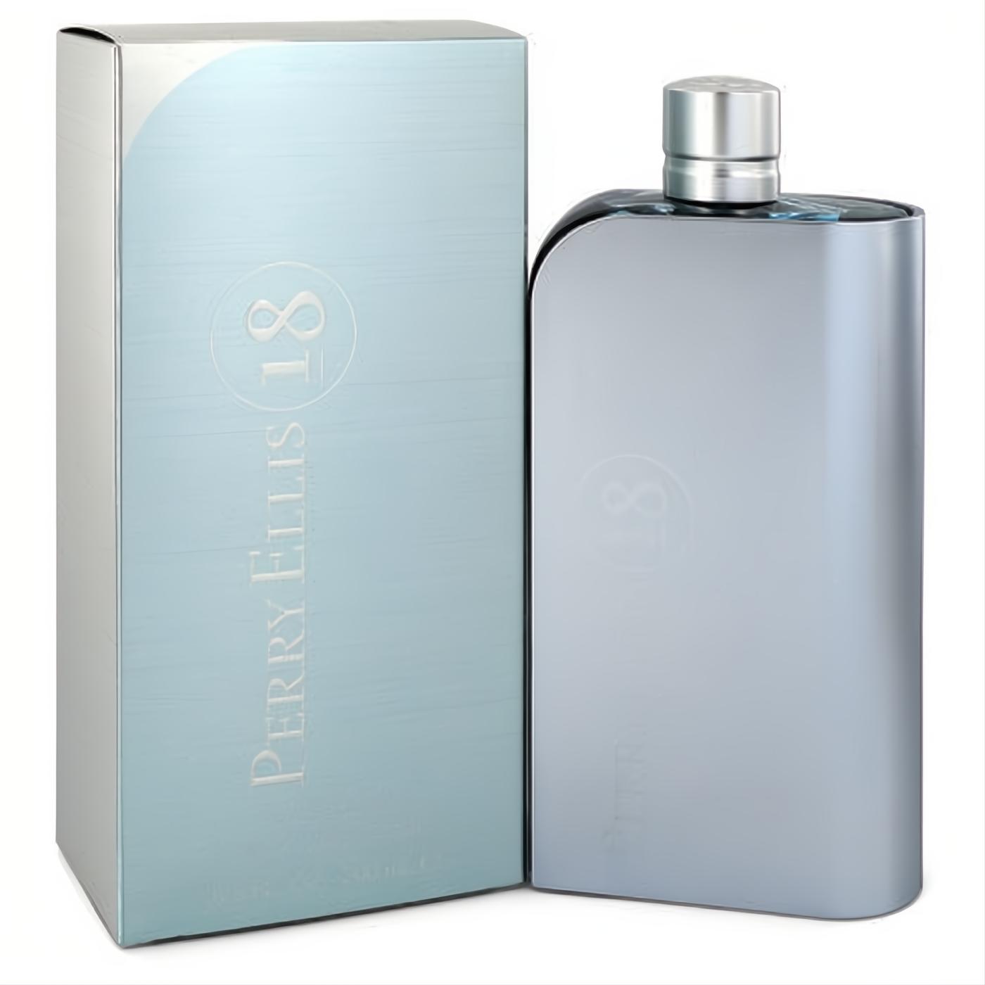 Discover Perry Ellis 18 men's Eau De Toilette. Sleek silver bottle with metallic cap and modern light blue box.