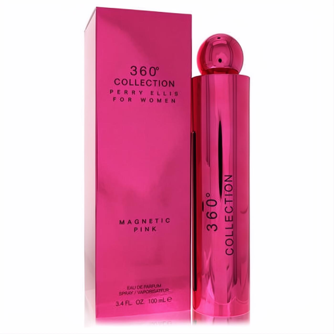 Iconic Perry Ellis 360 Collection Magnetic Pink 3.4 oz EDP. Sleek metallic pink bottle with spherical cap and matching box.