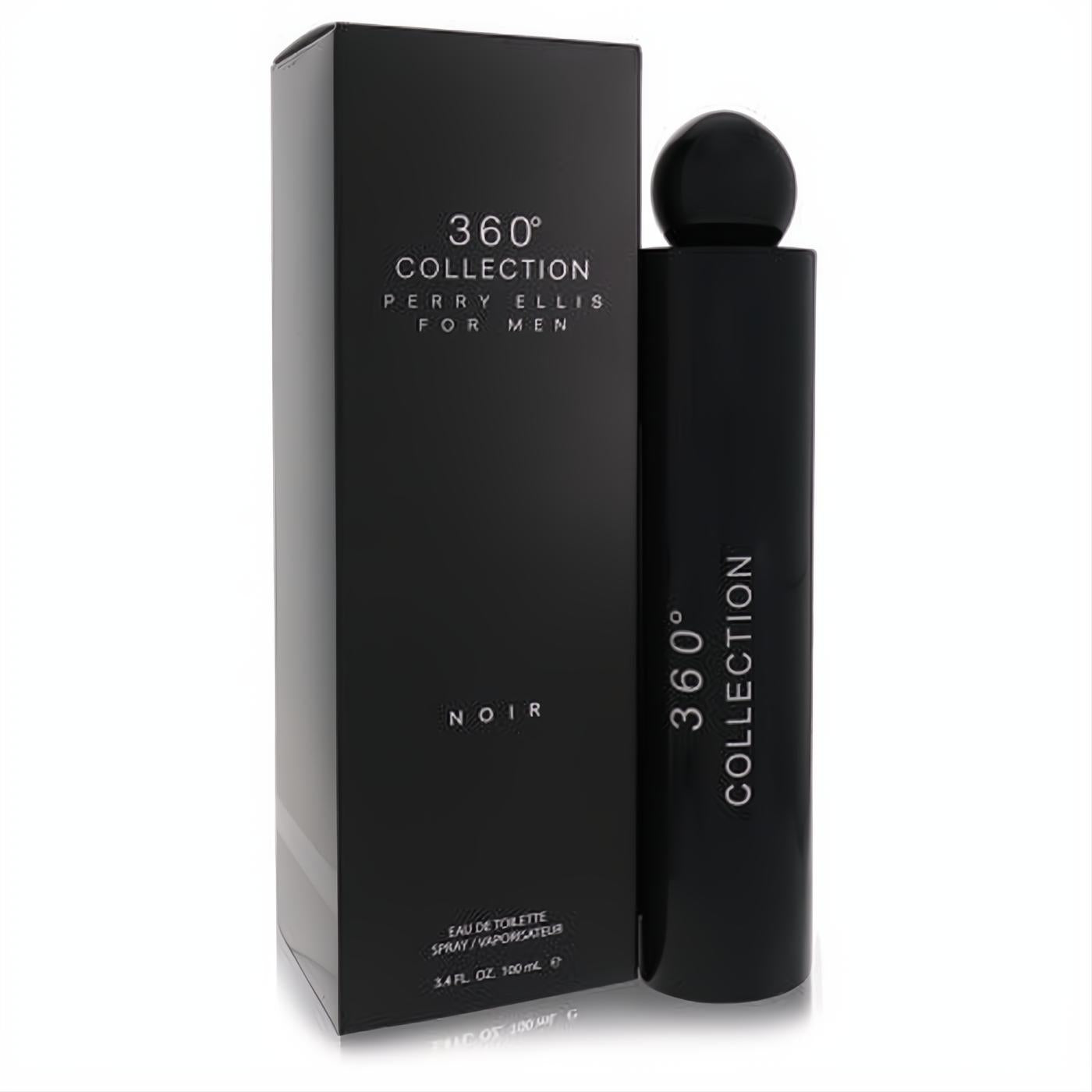 Sophisticated matte black Perry Ellis 360 Collection Noir men's 3.4 oz EDT spray bottle with spherical cap and matching box.