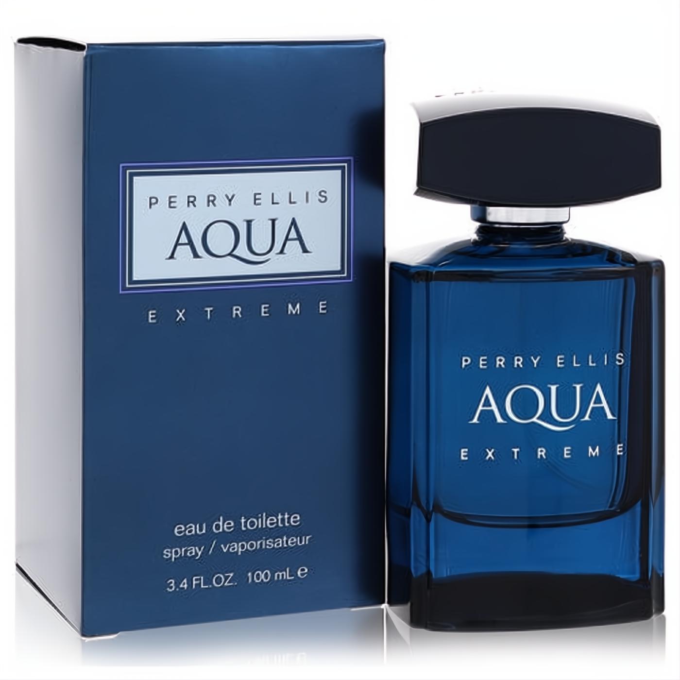Perry Ellis Aqua Extreme 3.4 oz EDT spray for men. Discover the captivating scent in its sleek, dark blue glass bottle and matching box.