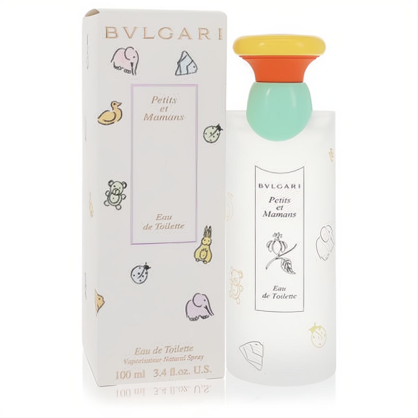 Experience Bvlgari Petits et Mamans 3.4 oz EDT. Charming frosted glass bottle, vibrant multi-color cap, and whimsical animal art.