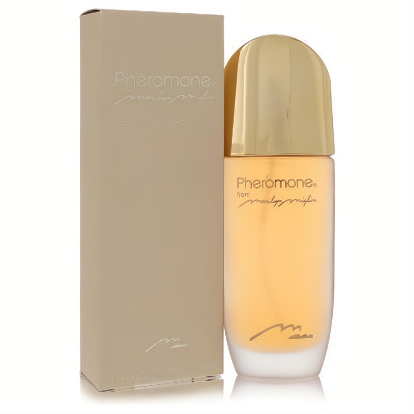 Marilyn Miglin Pheromone 1.7 oz EDP spray, featuring a luxurious gold cap, amber liquid, and elegant beige box.