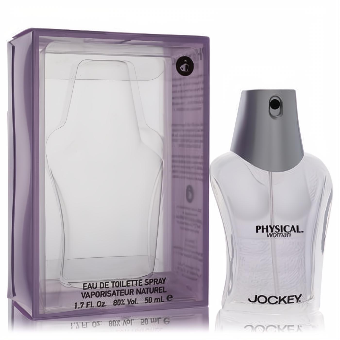 Physical Jockey Woman 1.7oz EDT spray. Clear torso-shaped bottle with sleek grey cap, presented beautifully with its translucent purple box.