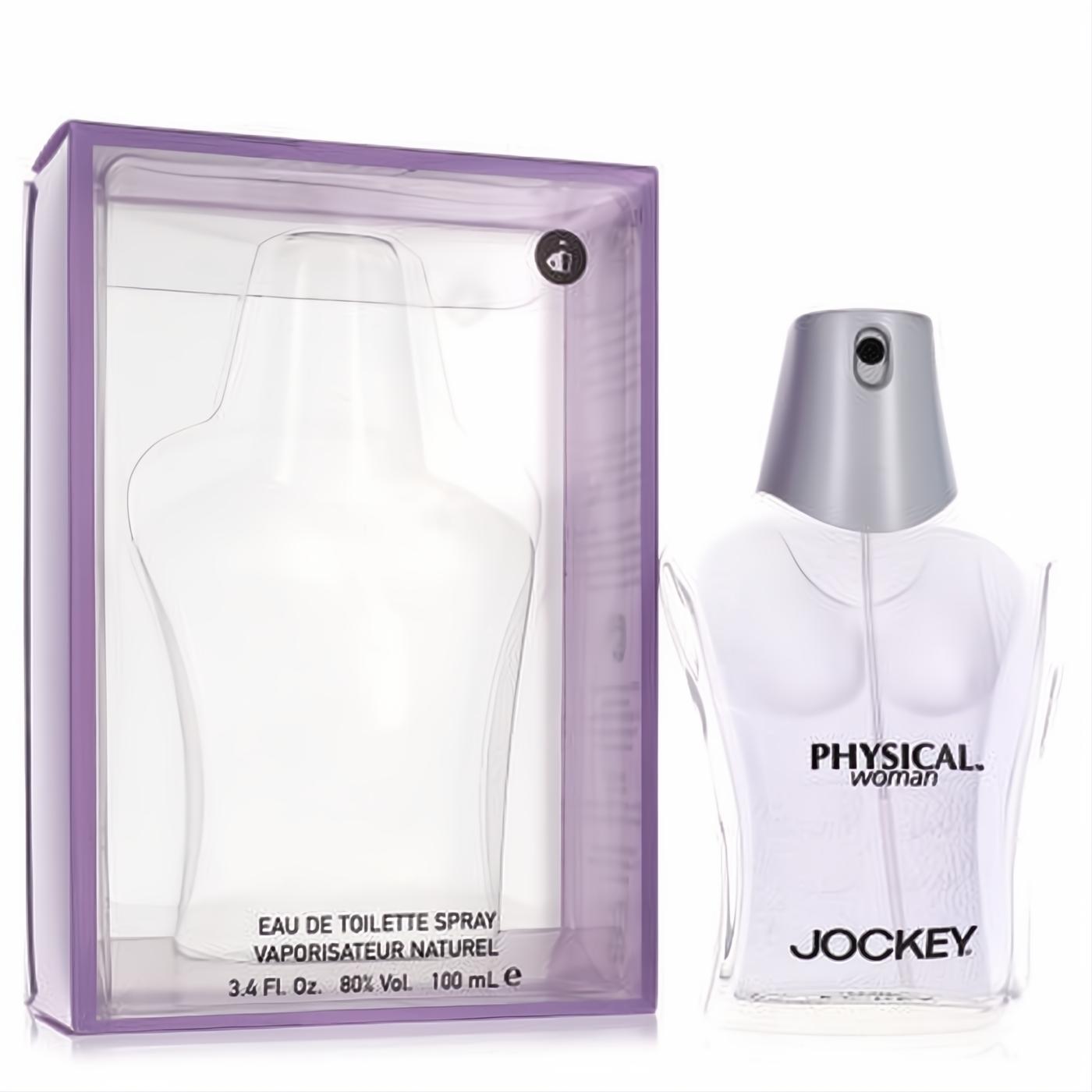 Physical Woman Jockey 3.4 oz EDT spray. Elegant clear female torso bottle with silver cap, presented in a chic purple-tinted box.
