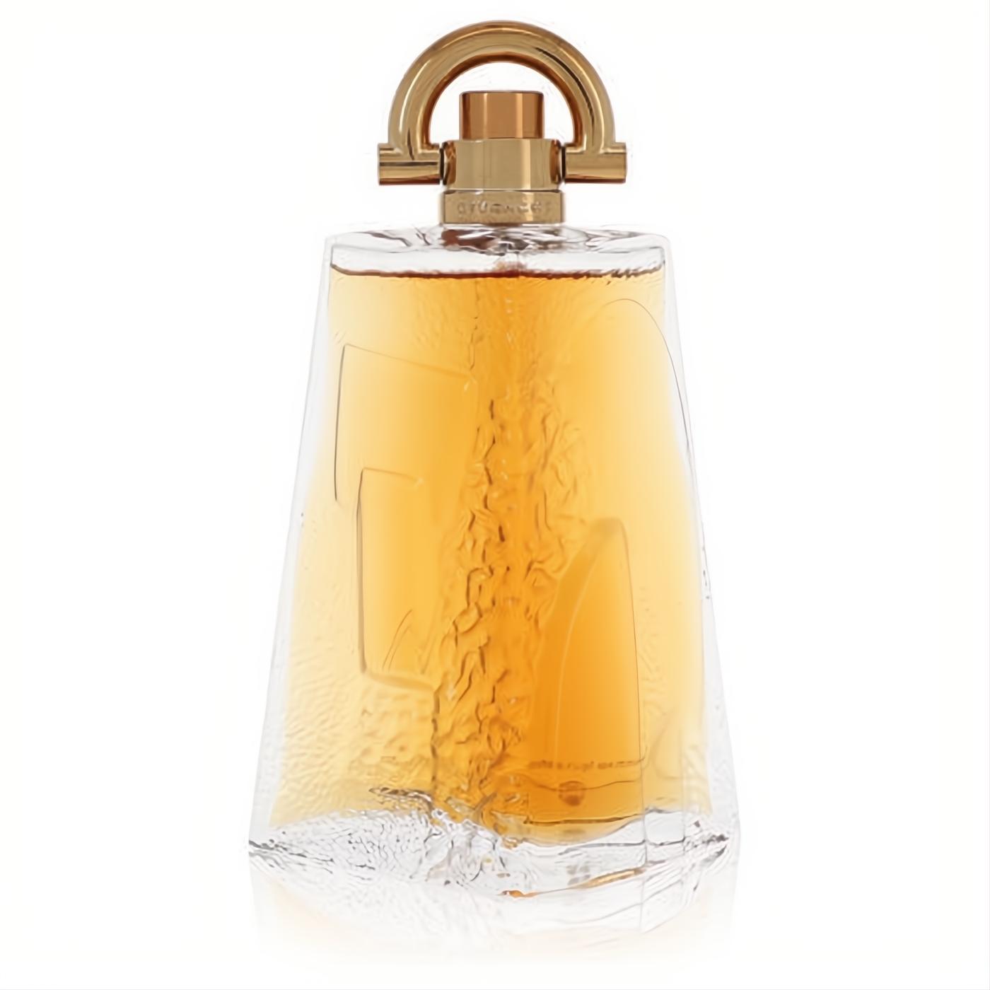 Givenchy Pi 3.4 oz EDT tester. Sculpted clear glass bottle with warm amber fragrance and a distinctive gold arch cap.