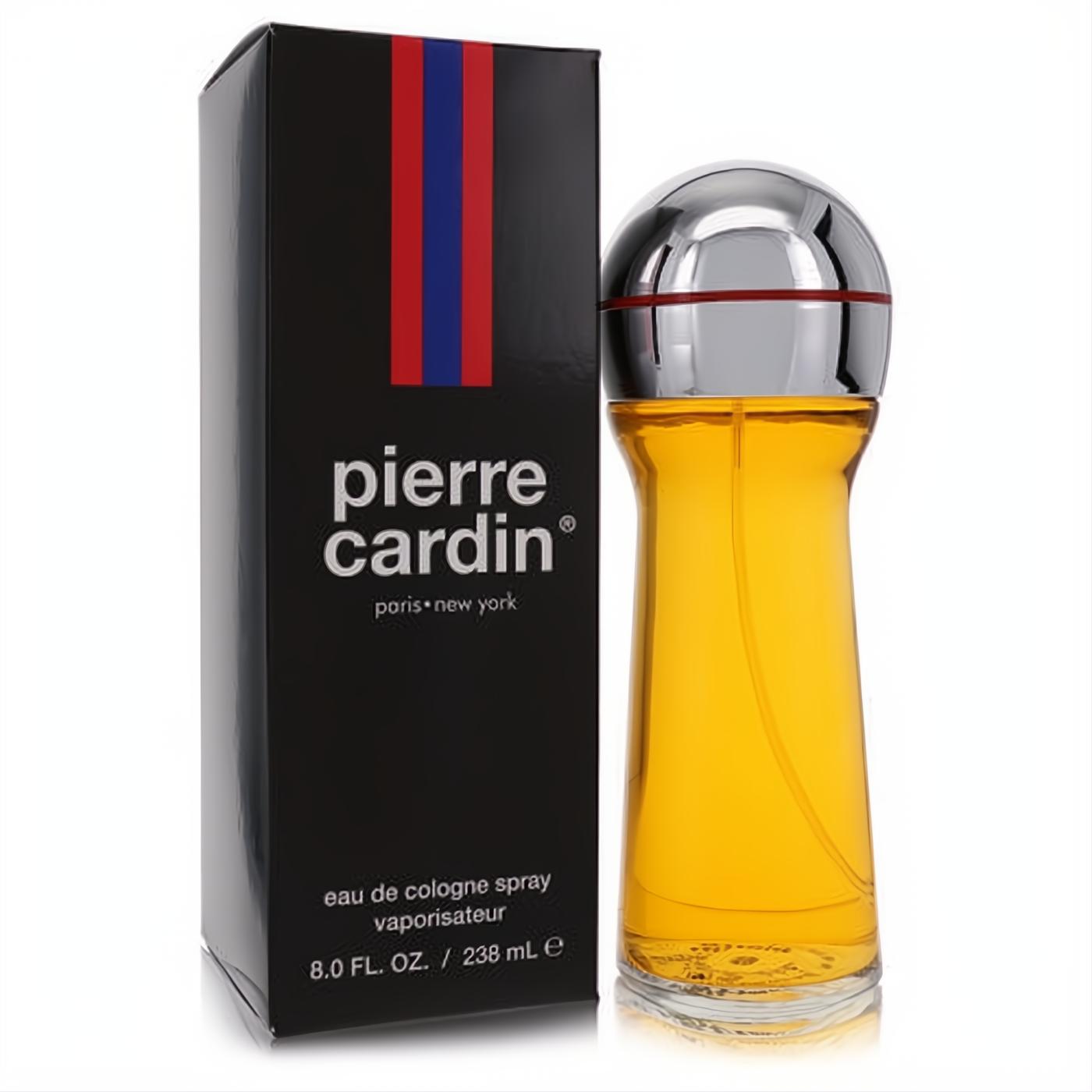 Pierre Cardin 8 oz men's cologne: vibrant amber liquid in a sleek glass bottle with a polished silver cap, alongside its classic black striped box.