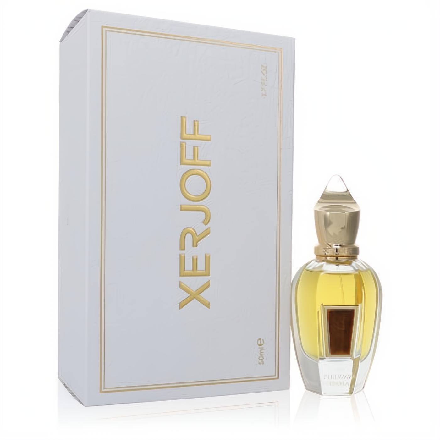 Luxurious Xerjoff Pikovaya Dama 1.7 oz EDP, a clear glass bottle with ornate gold cap, beside its elegant white and gold box.
