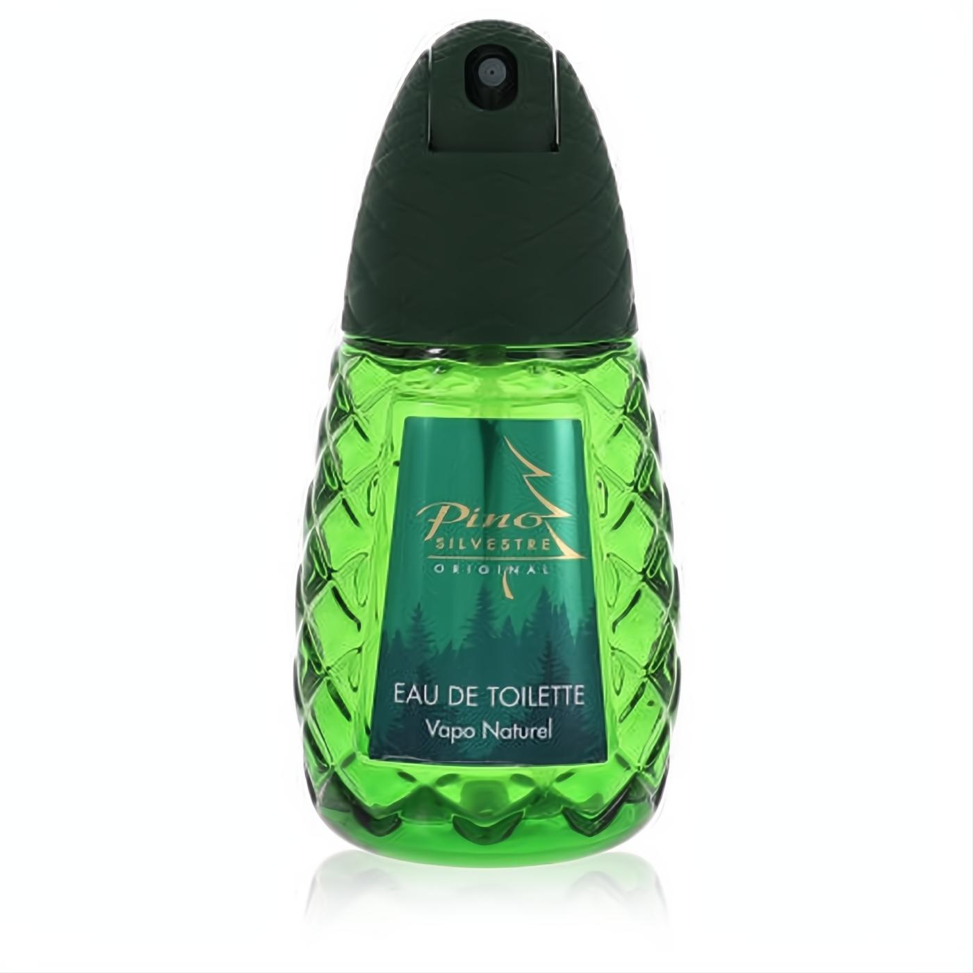 Invigorating Pino Silvestre Eau De Toilette spray in a vibrant green, pinecone-textured glass bottle with a dark green cap.