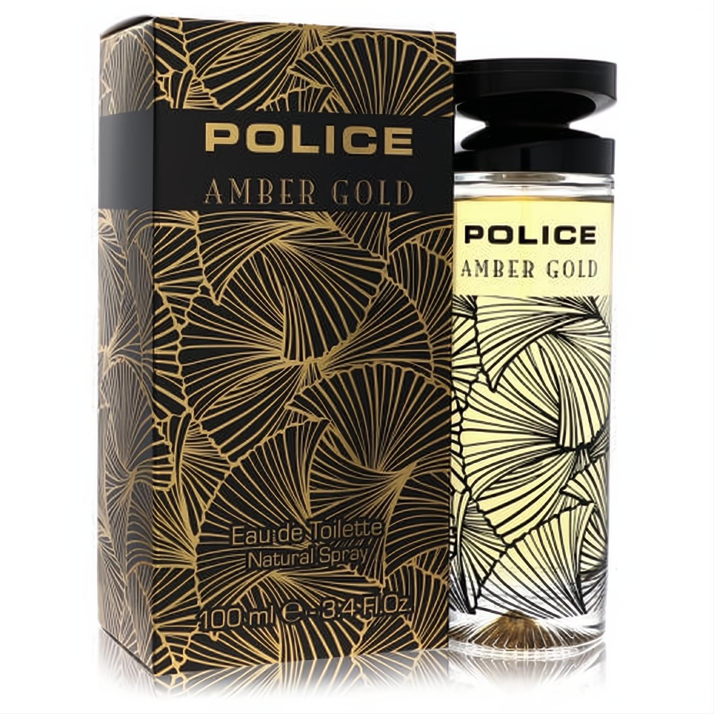 Police Amber Gold 3.4 oz Eau de Toilette spray. Elegant black and gold bottle and box with a striking fan pattern.