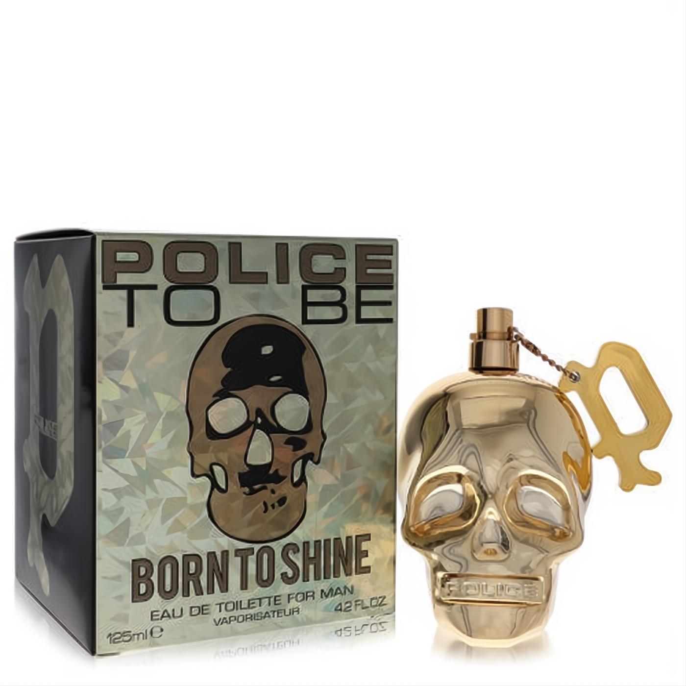 Police To Be Born To Shine 4.2 oz men's Eau De Toilette spray. Dazzling gold skull bottle with a key charm, beside its metallic-patterned box.