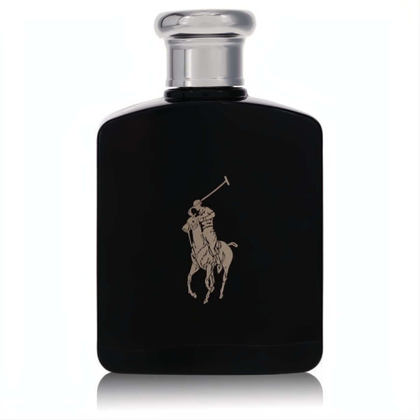 Polo Black by Ralph Lauren 4.2 oz men's EDT tester. Elegant black bottle, silver cap, and iconic polo player logo.