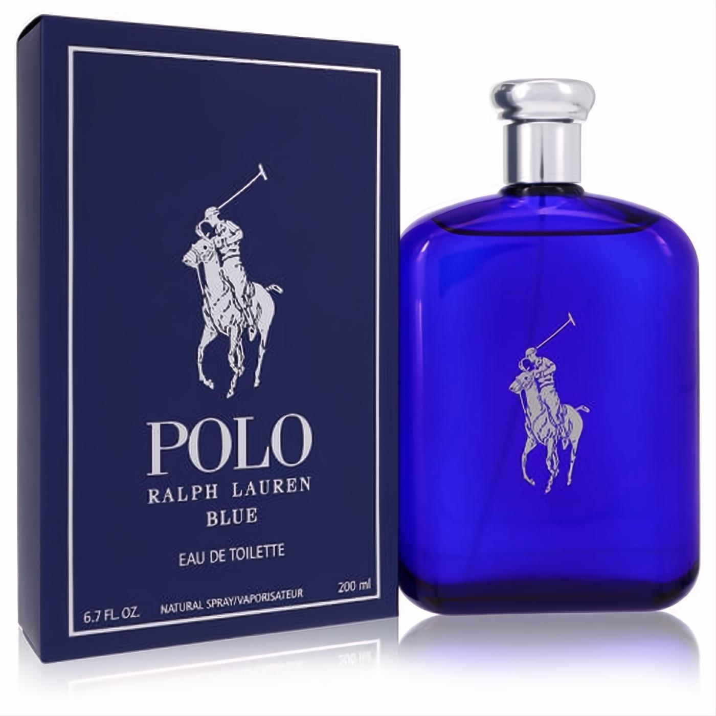 Polo Blue Ralph Lauren 6.7 oz EDT. Bold blue bottle with silver cap & iconic polo logo, displayed with matching box.