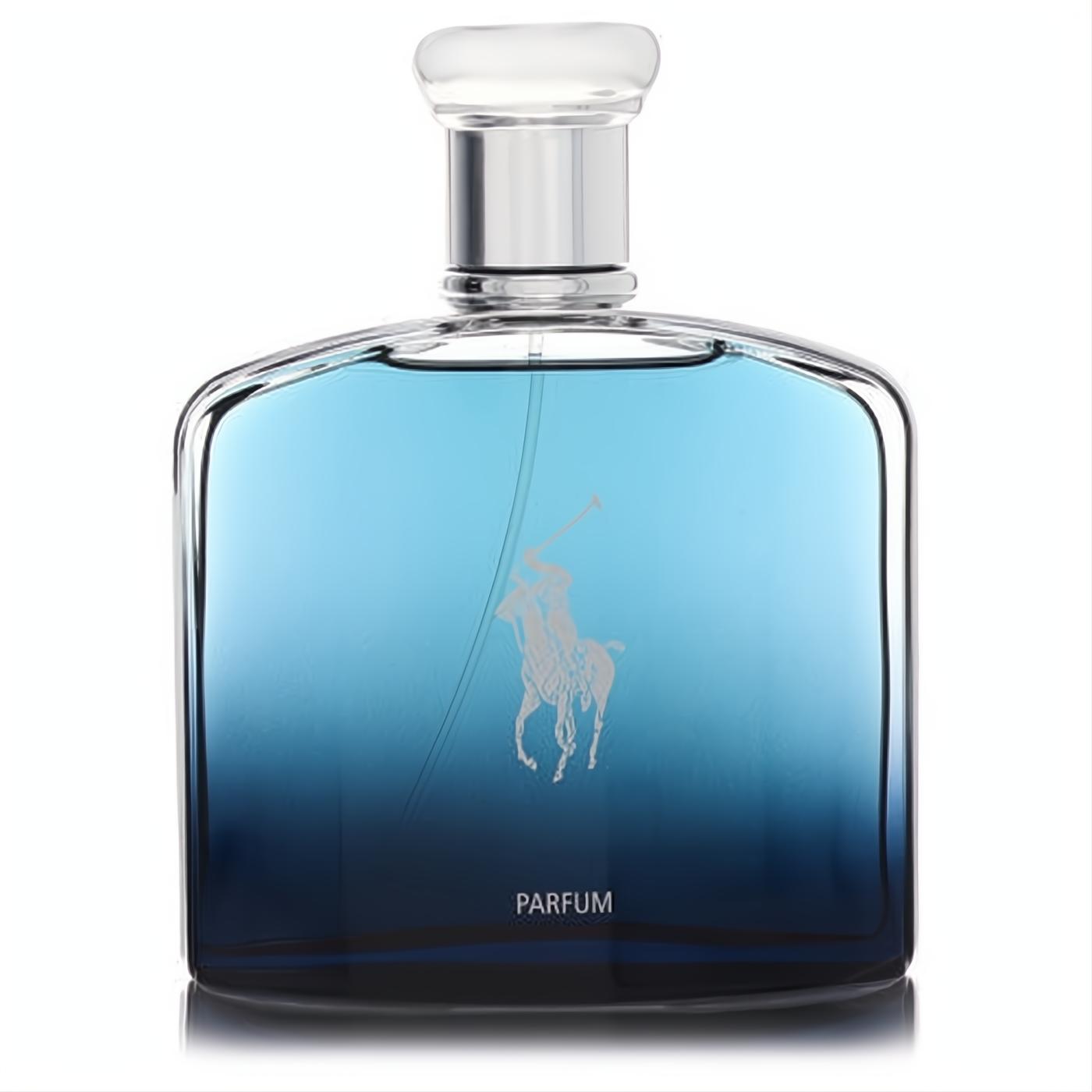 Ralph Lauren Polo Deep Blue Parfum for men. Striking ombre blue glass bottle with silver cap and iconic polo logo.