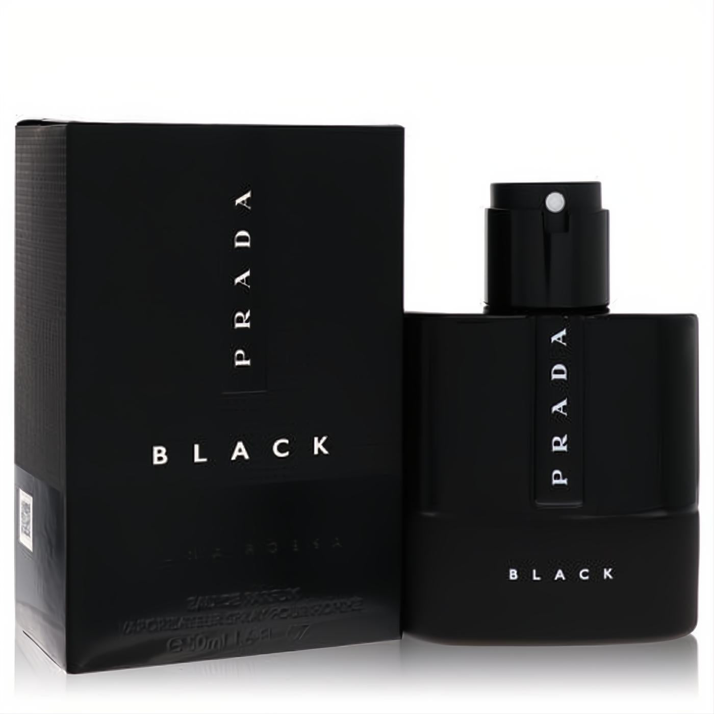 Prada Luna Rossa Black 1.7 oz men's Eau De Parfum spray. Elegant matte black bottle and box, featuring crisp white branding.