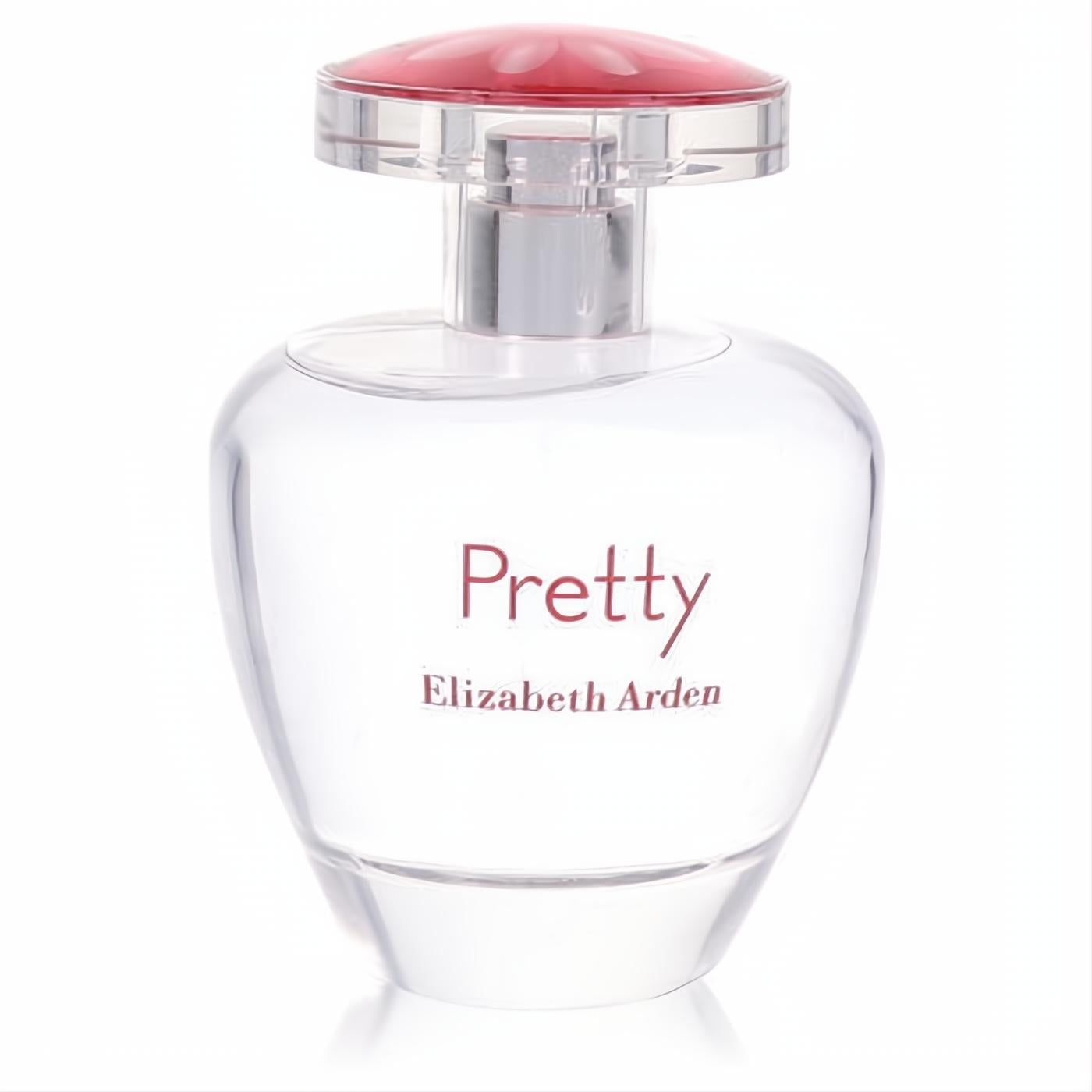Pretty by Elizabeth Arden 3.4 oz EDP in a clear glass bottle with red 'Pretty' text and a vibrant floral cap.