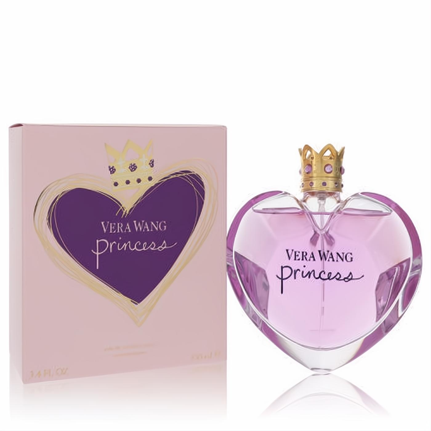 Vera Wang Princess 3.4 oz EDT. Enchanting heart-shaped pink bottle with a regal gold crown cap, beside its elegant matching pink box.