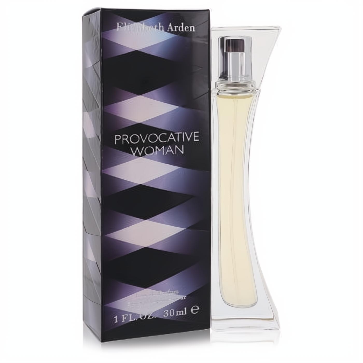 Provocative Woman by Elizabeth Arden 1 oz EDP. Elegant curved glass bottle with silver cap, next to a striking black box with purple geometric design.