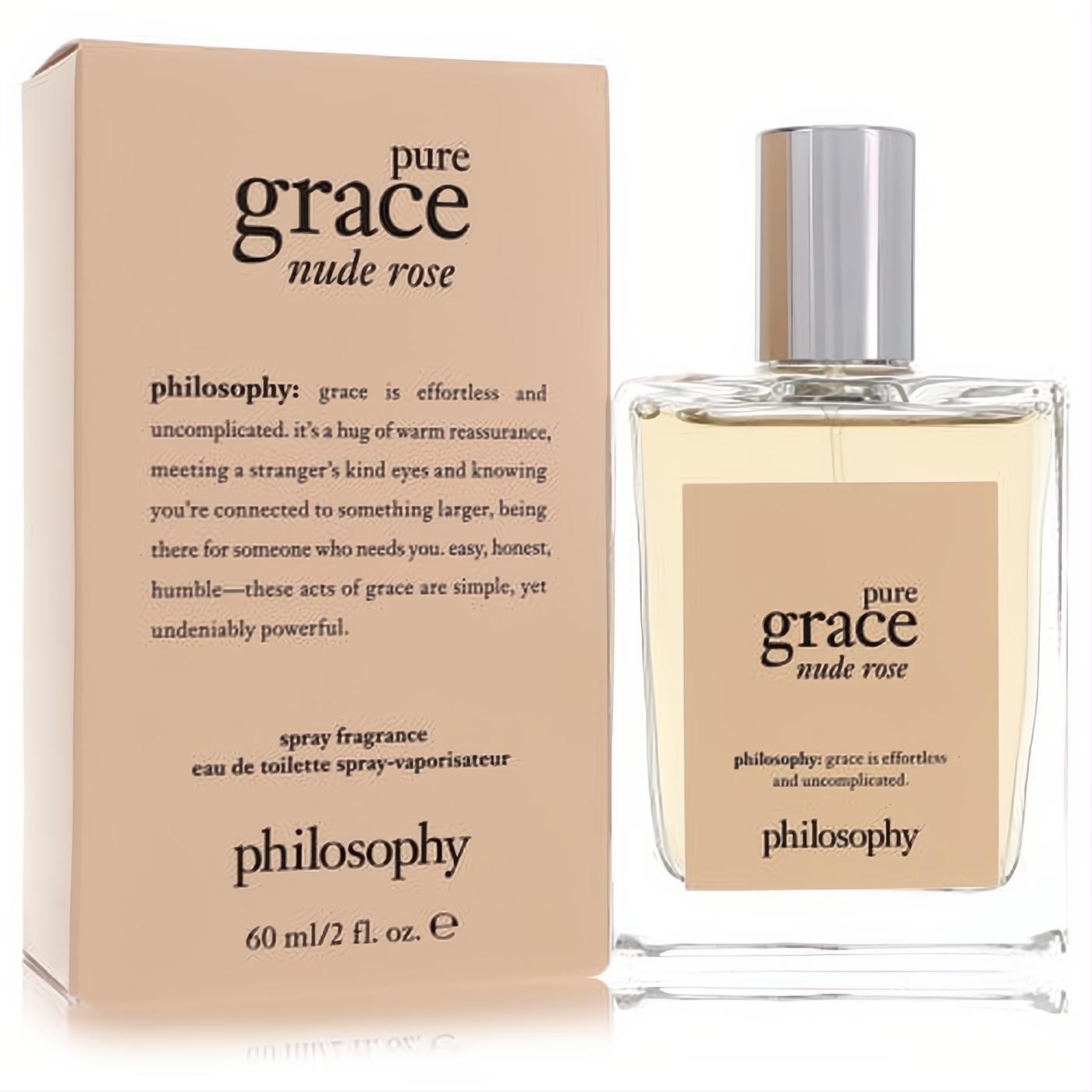 Discover Philosophy Pure Grace Nude Rose 2 oz Eau de Toilette spray. Sleek clear glass bottle, silver cap, nude label, and matching beige box.
