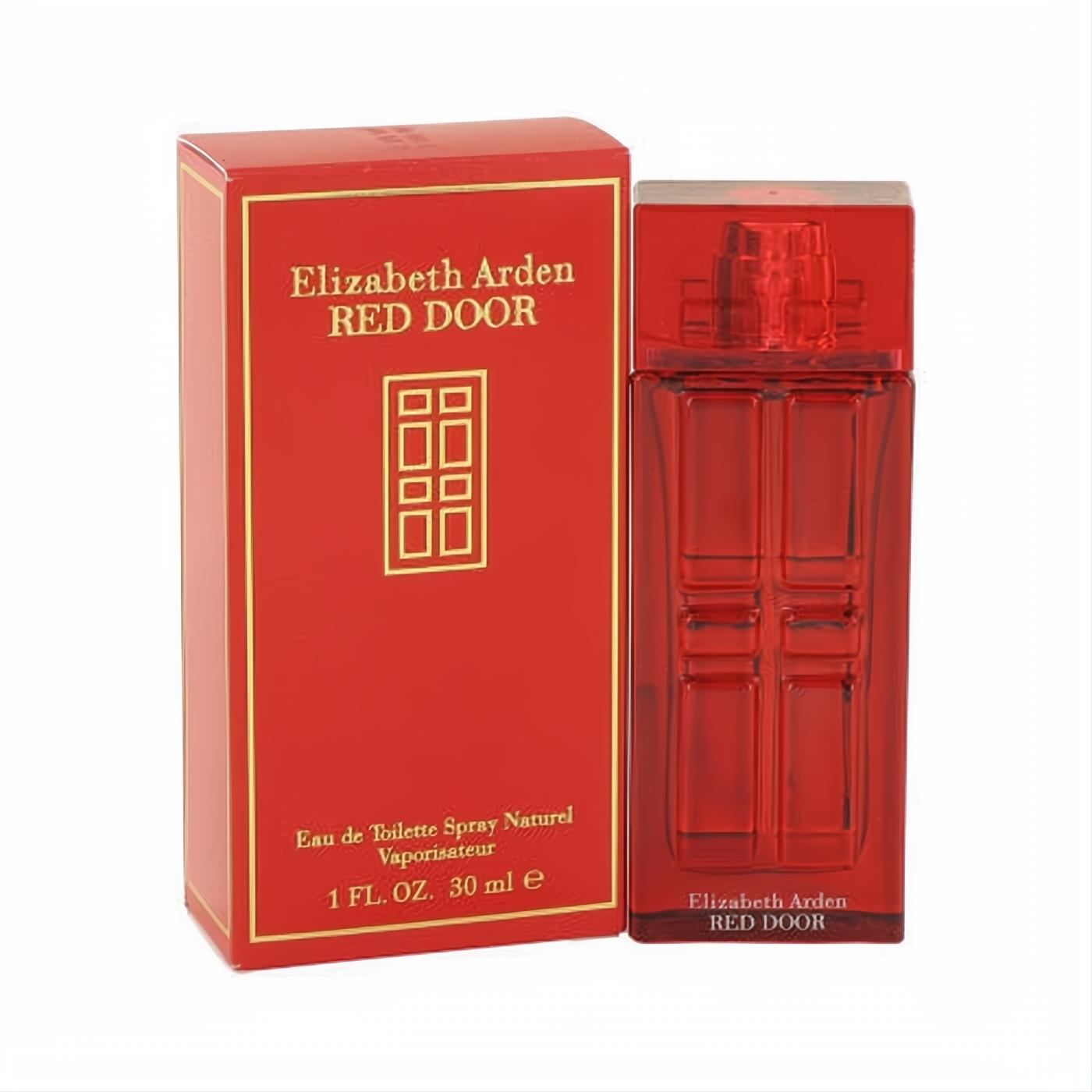 Elegant Elizabeth Arden Red Door 1 oz EDT spray in a vibrant red and gold box with a sleek matching glass bottle.