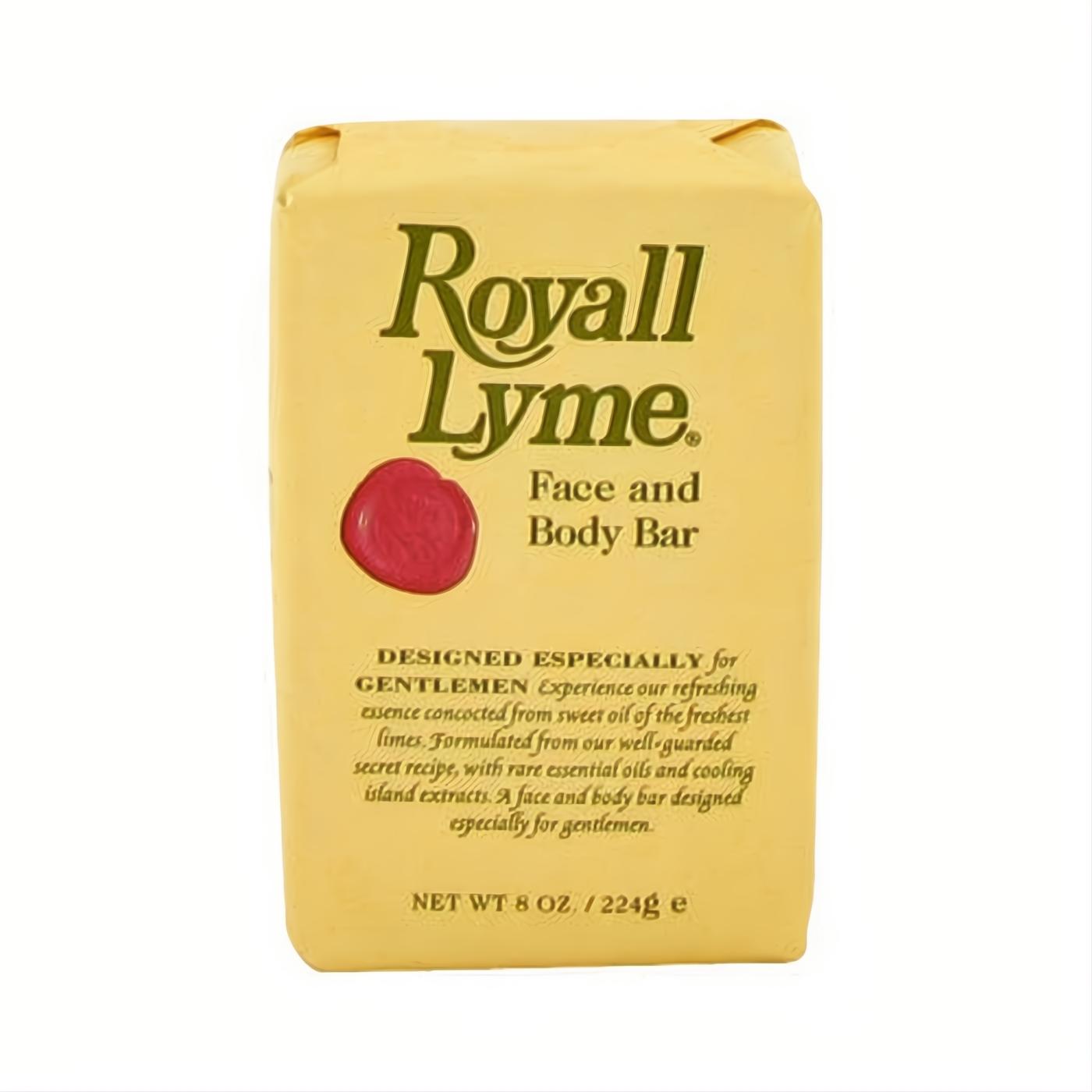 Royall Lyme 8 oz face and body bar soap in classic yellow packaging, with elegant green text and a distinctive red wax seal.