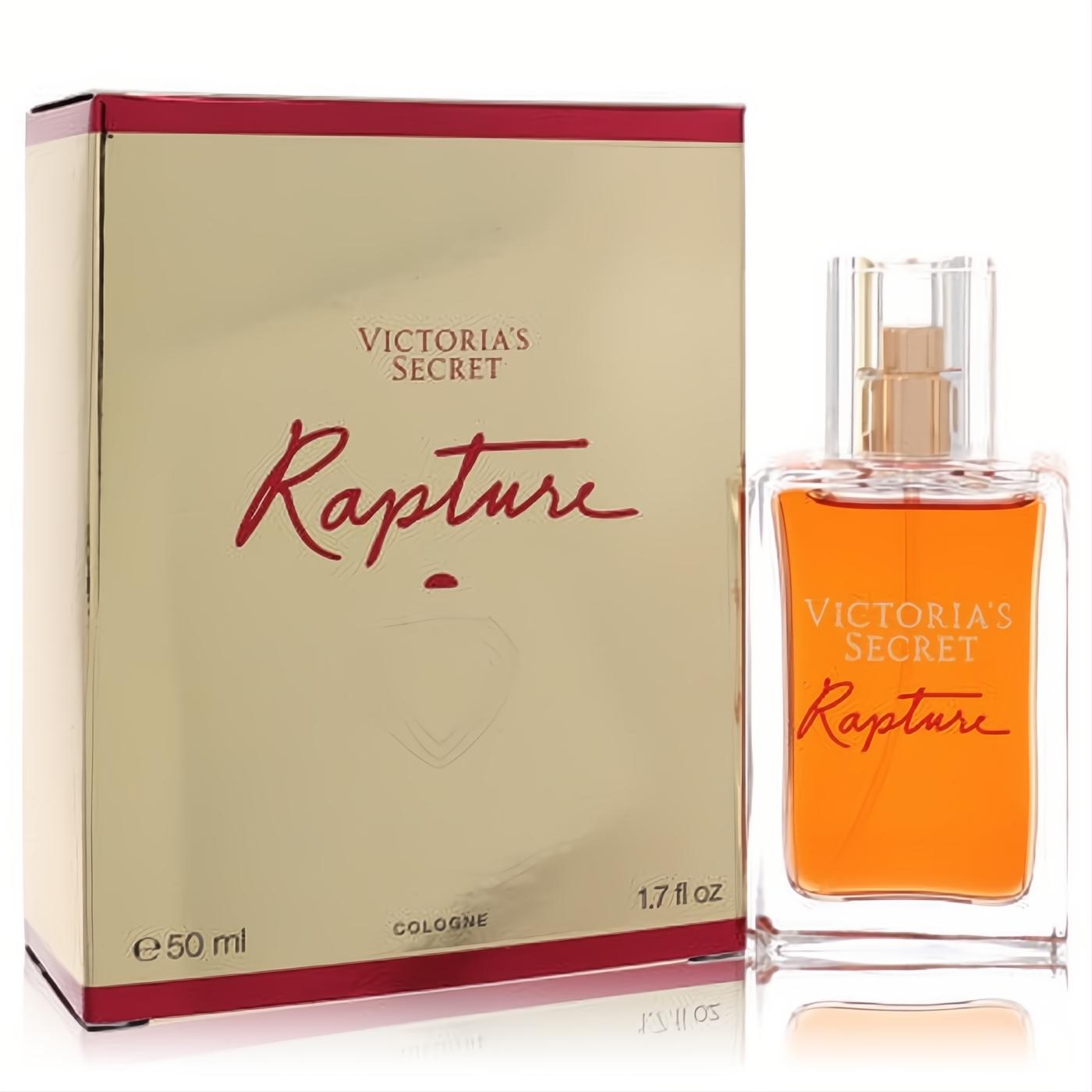 Amber-hued Victoria's Secret Rapture 1.7 oz cologne in a sleek glass bottle, displayed with its opulent gold and red packaging.