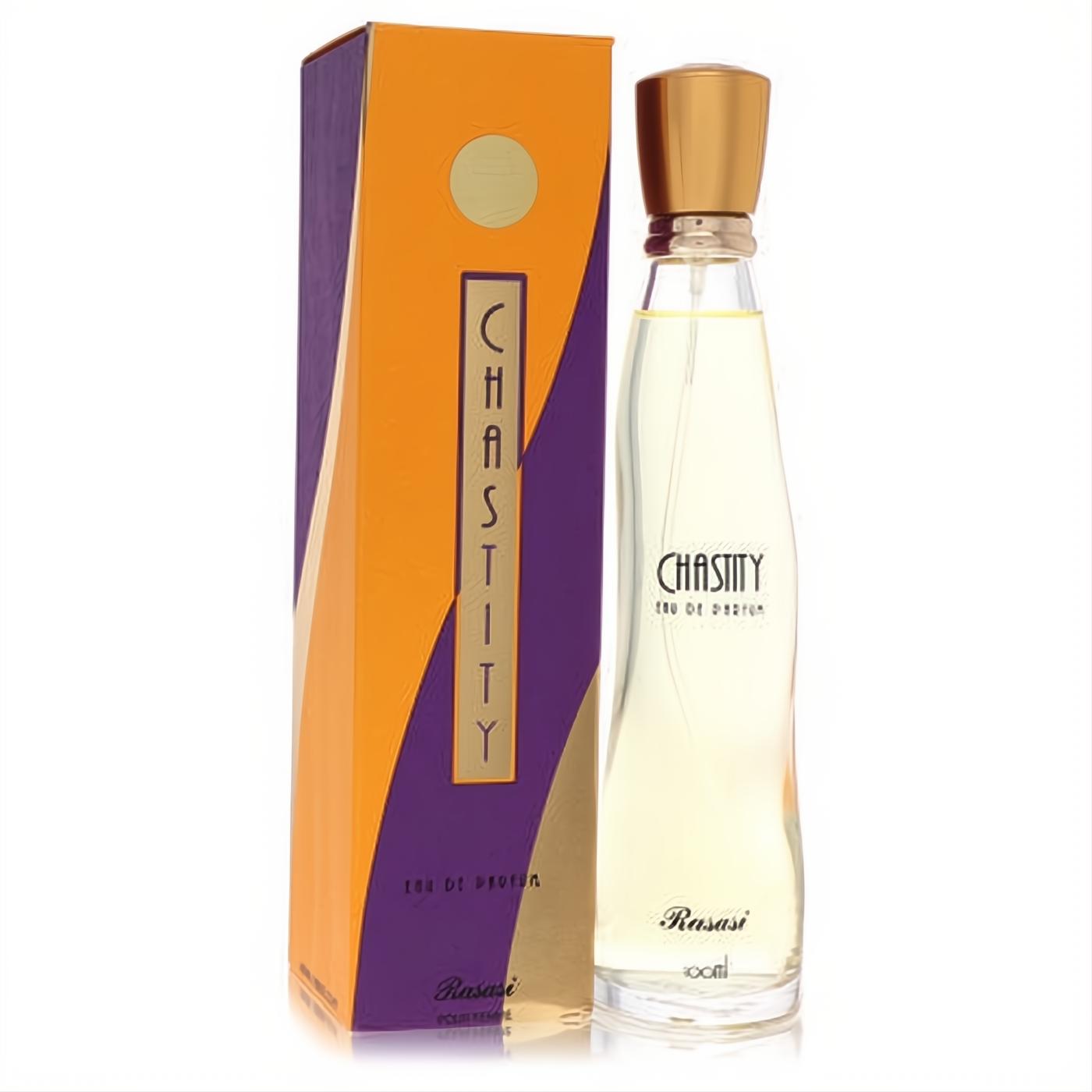 Chic Rasasi Chastity 100ml Eau De Parfum. Clear curved bottle, luxurious gold cap, vibrant orange and purple box.