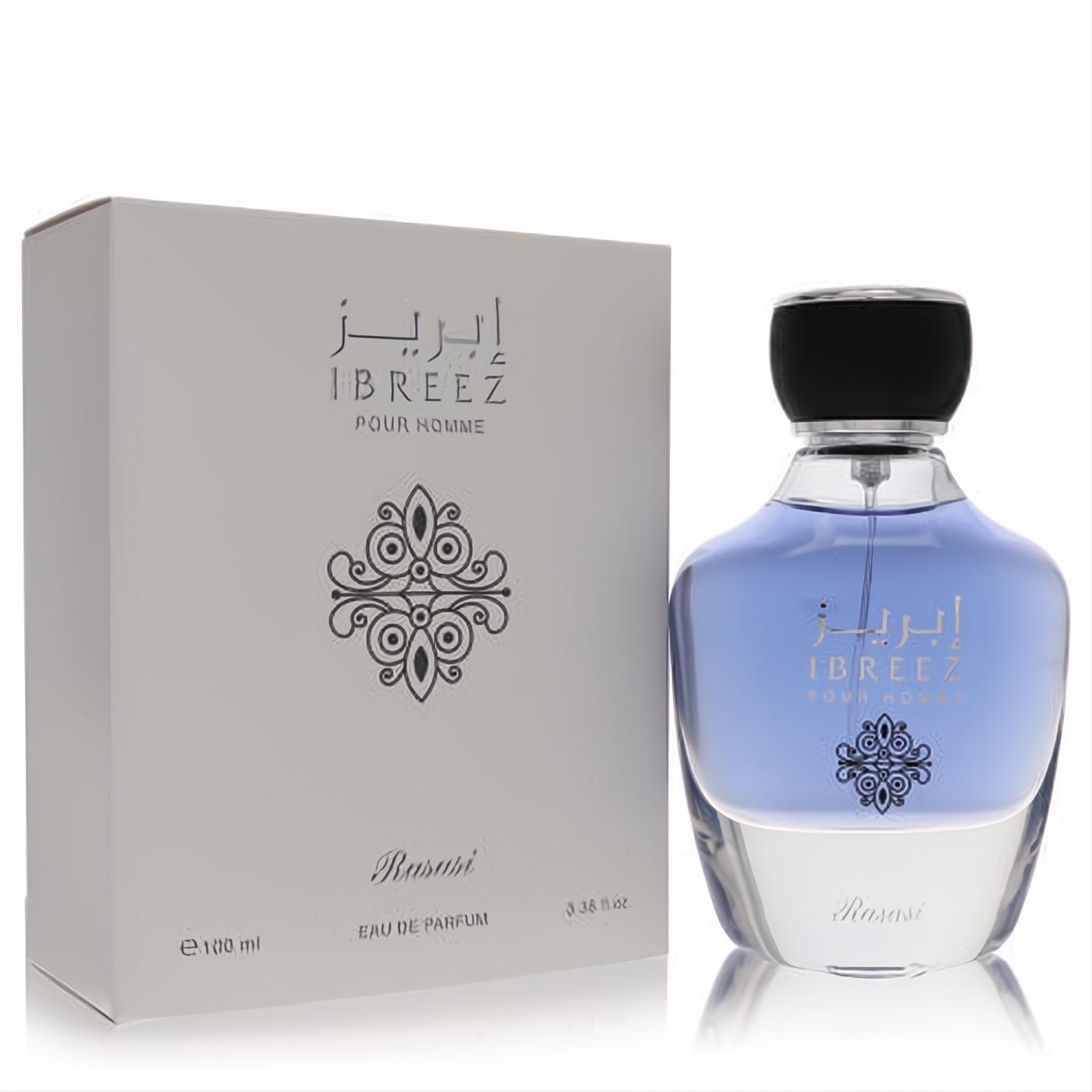 Rasasi Ibreez Eau De Parfum, 3.38 oz. Elegant blue-to-clear glass bottle with black cap, beside its sophisticated white box.