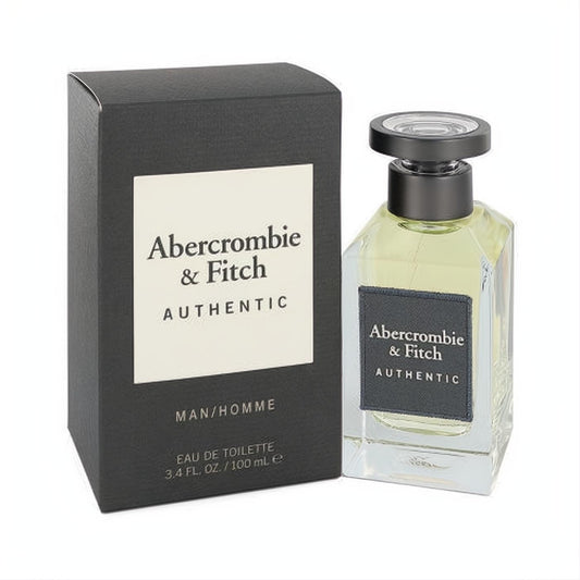 Abercrombie & Fitch AUTHENTIC Eau de Toilette 3.4 oz. Sleek black box and elegant clear glass bottle with light yellow fragrance.