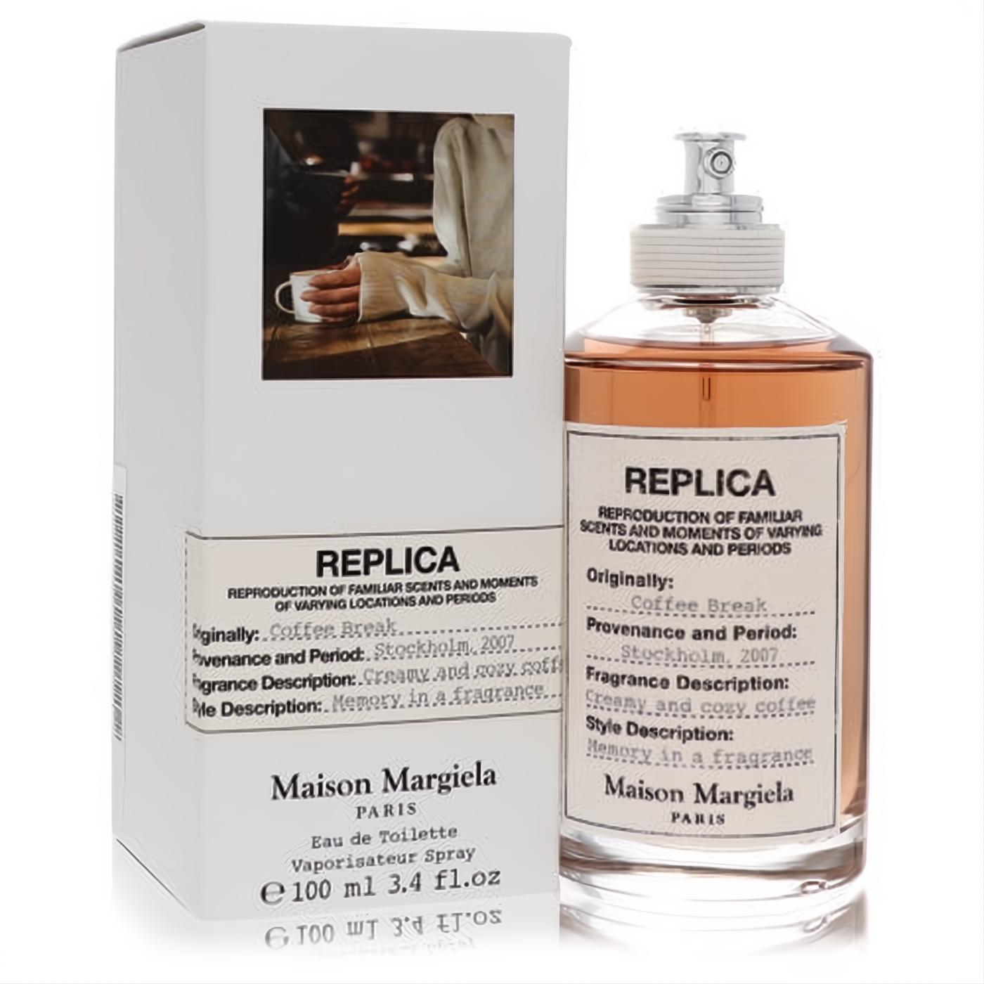 Unisex Maison Margiela Replica Coffee Break 3.4 oz EDT. Amber fragrance in a sleek glass bottle with a white label and matching box.