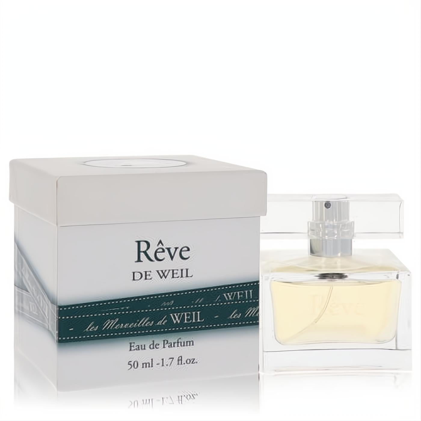 Captivating Reve De Weil 1.7 oz Eau De Parfum spray. Clear glass bottle and elegant white box with green 'Merveilles' ribbon.