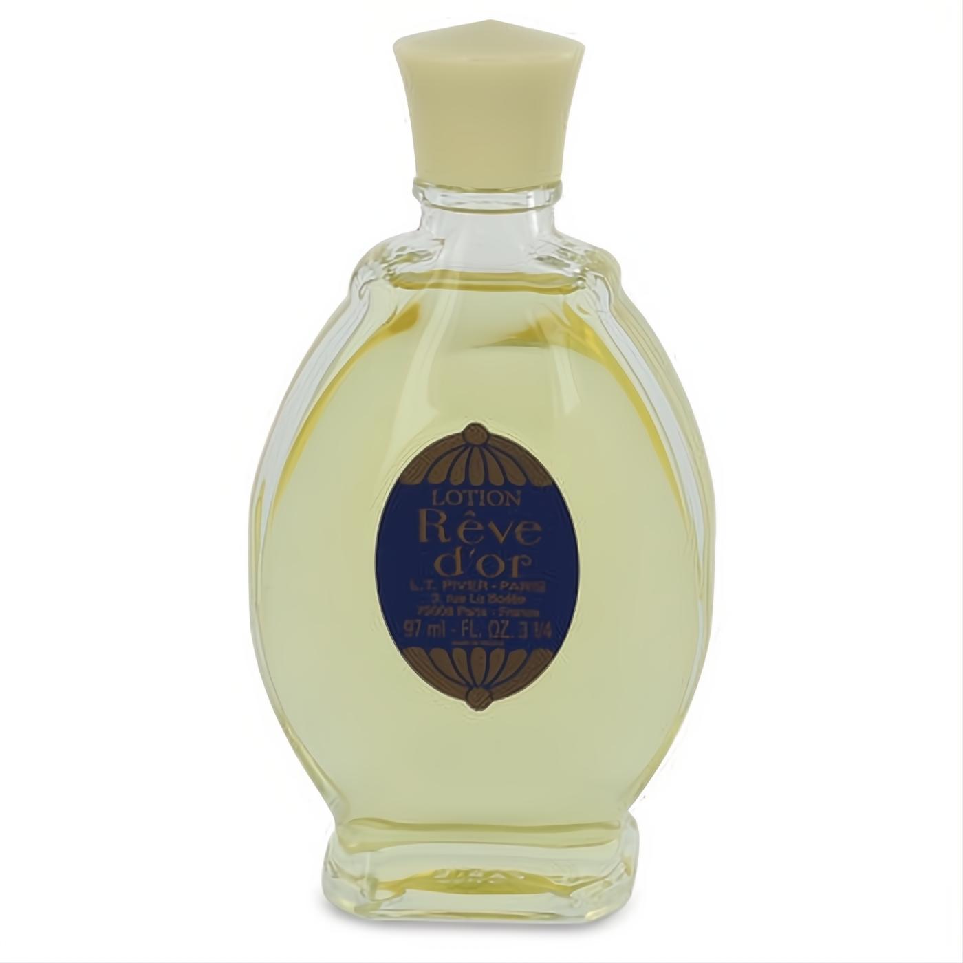 Classic Reve D'or 3.25 oz women's cologne splash. Clear glass bottle, golden liquid, cream cap, and elegant blue-gold label.