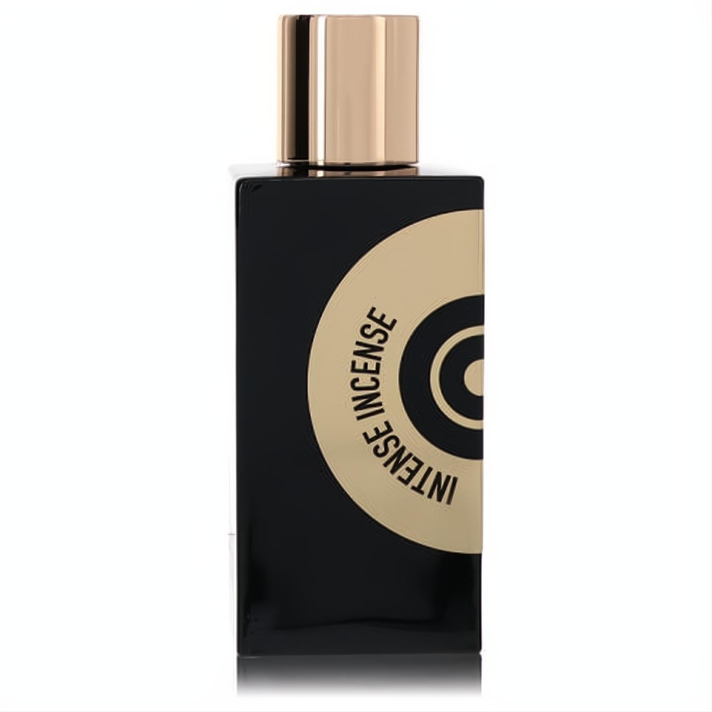 Captivating black 3.4 oz Rien Intense Incense unisex fragrance bottle, featuring a radiant gold cap and striking circular label.