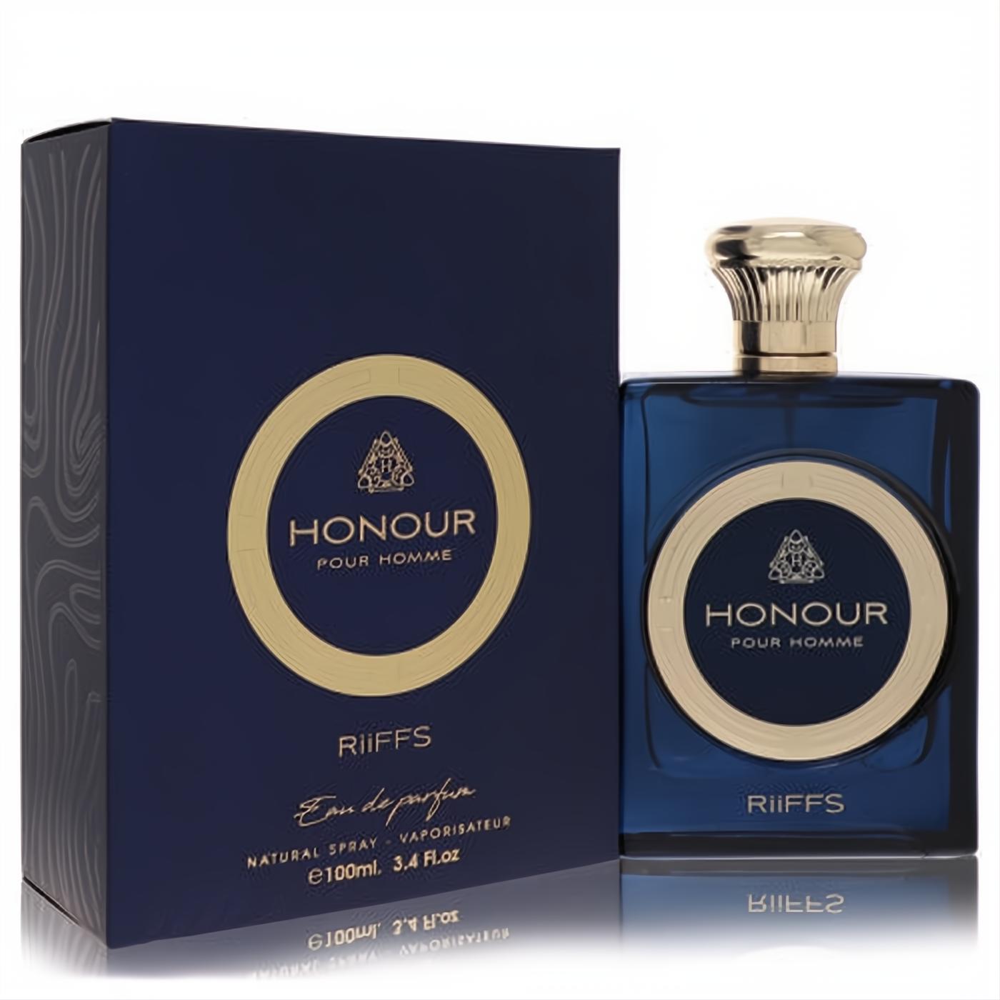 Elevate your scent with Riiffs Honour Pour Homme 3.4 oz EDP. Luxurious navy blue glass bottle, gold cap, and matching elegant box.